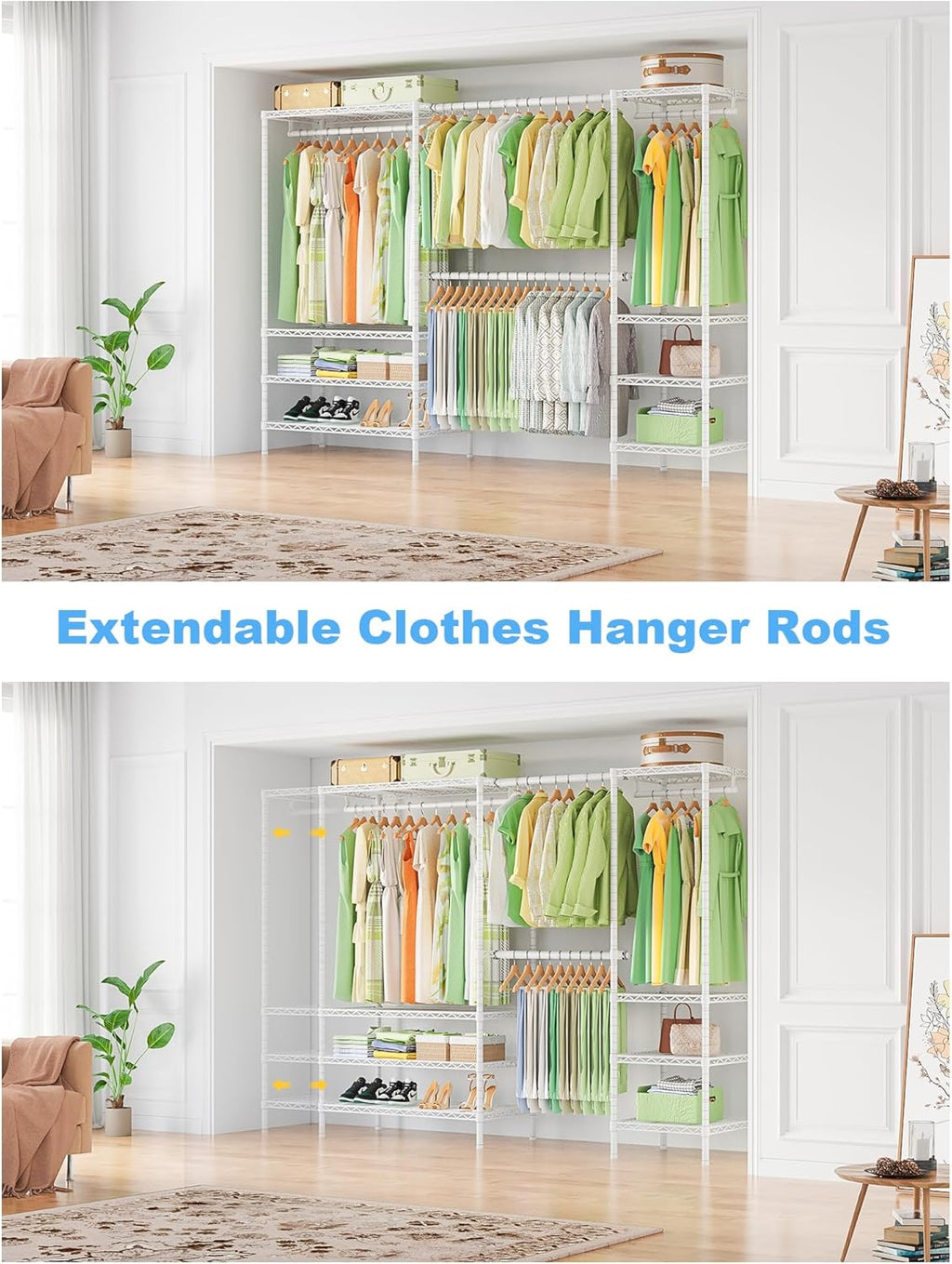 Ulif E11 Heavy-Duty Garment Rack, Metal Freestanding Clothes Rack and Closet Storage Organizer with 8 Shelves and 4 Hanger Rods, (73.2-97.6)' W x 14.5' D x 71.2' H, Load 1034 LBS, White