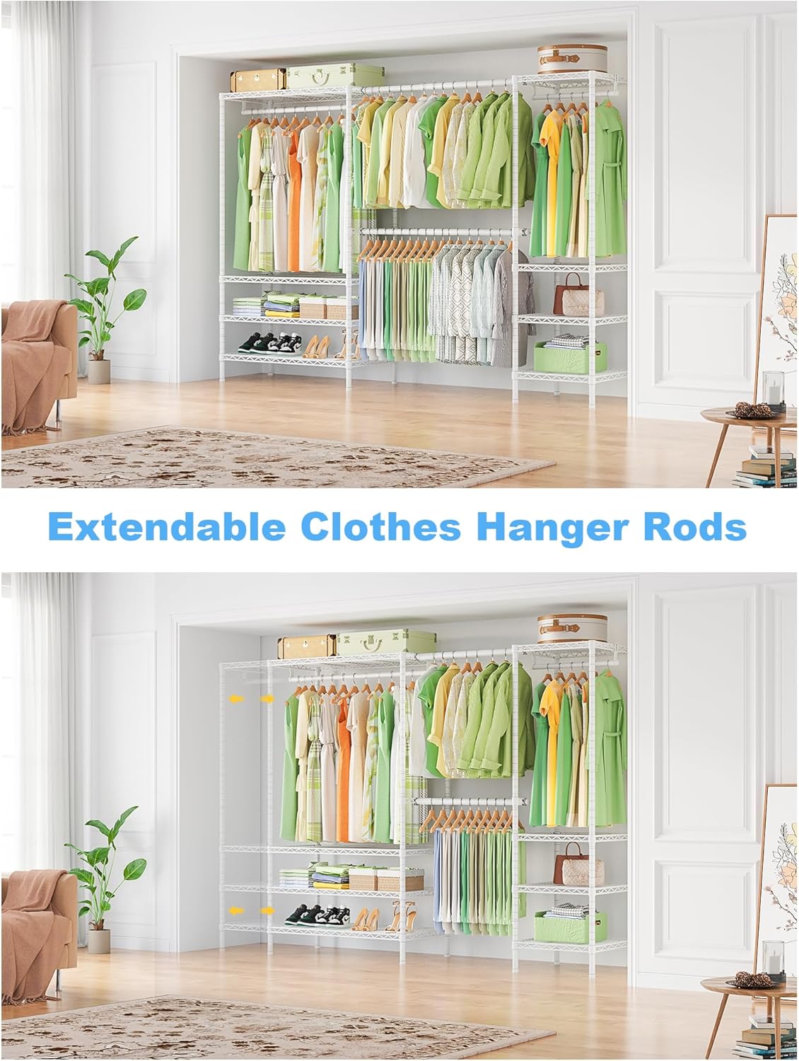 Ulif E11 Heavy-Duty Garment Rack, Metal Freestanding Clothes Rack and Closet Storage Organizer with 8 Shelves and 4 Hanger Rods, (73.2-97.6)' W x 14.5' D x 71.2' H, Load 1034 LBS, White