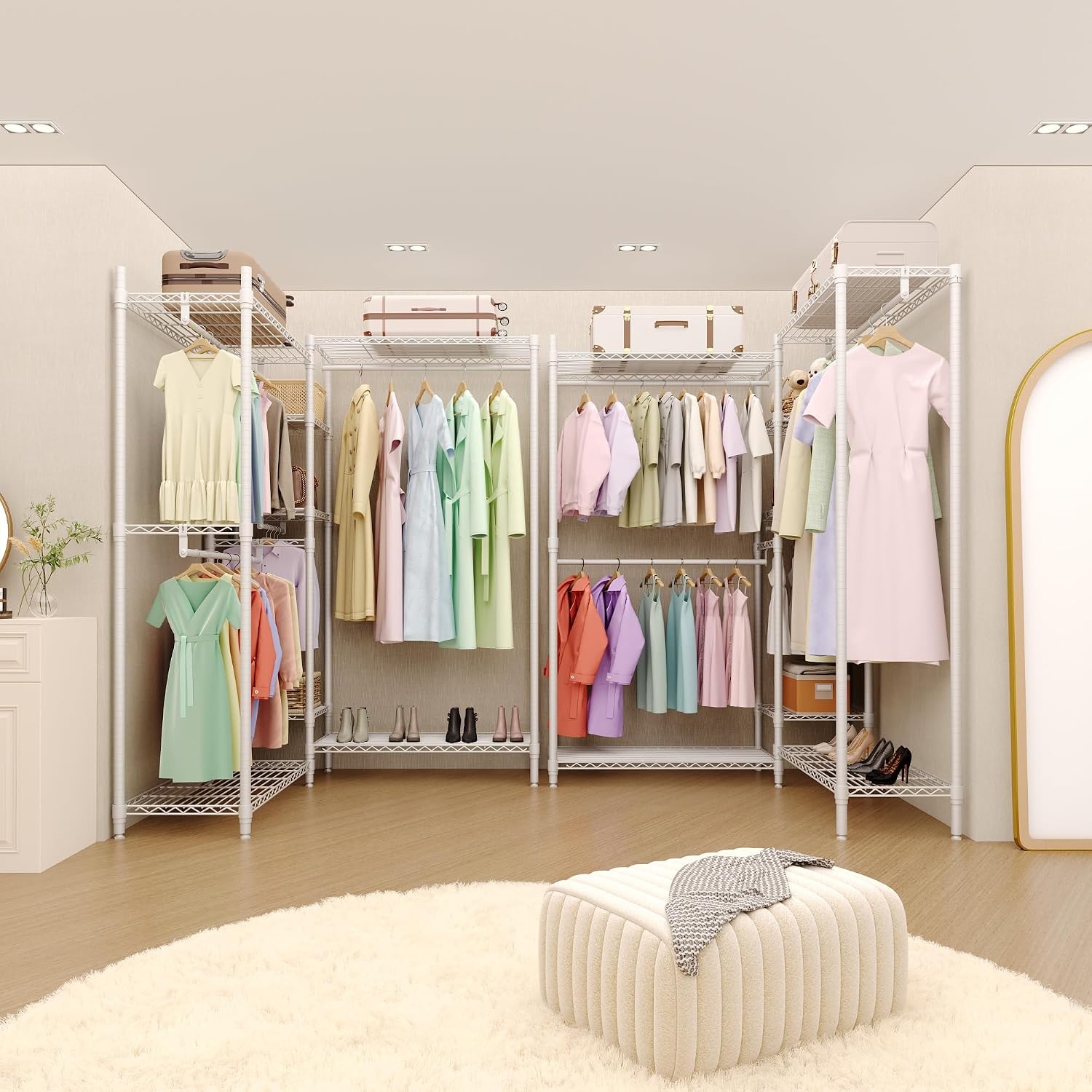 1630 LBS Heavy Duty Clothes Rack with Adjustable Shelves, 5 Tiers L-Shaped Freestanding Closet Organizer and Storage for Hanging Clothes, 85.4' W x 17.4' D x 70.5' H