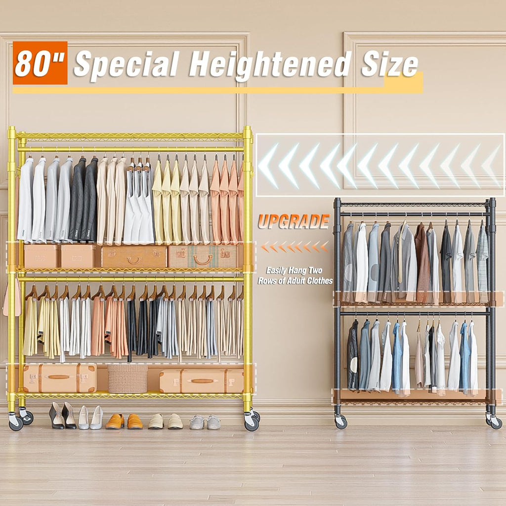 Homdox Gold Heavy Duty Clothes Rack with Wheels, 3-Tier Rolling Metal Garment Organizer with Double Hanging Rods & Hooks, Freestanding Portable Closet, 17.72' D x 47.24' W x 80.71' H