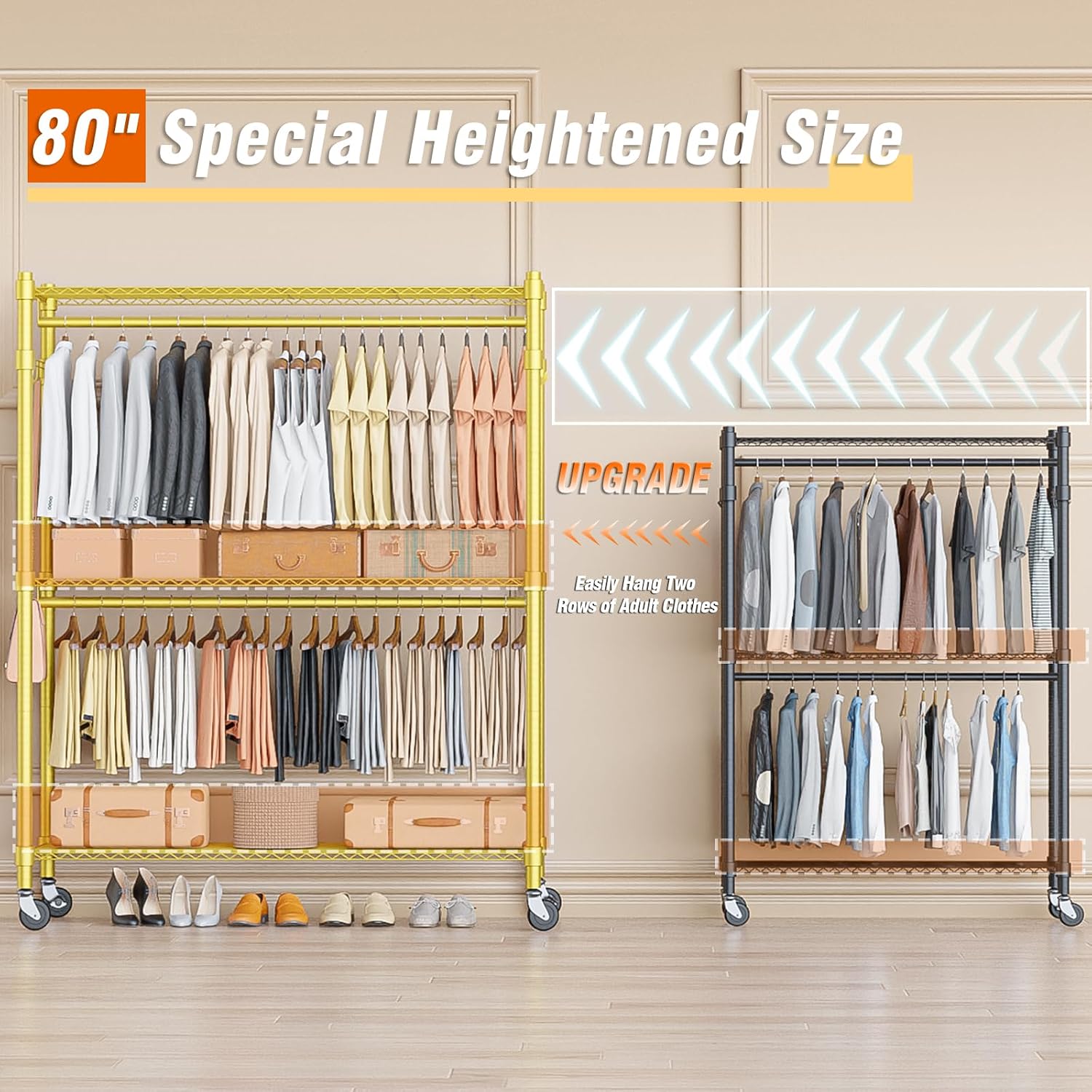 Homdox Gold Heavy Duty Clothes Rack with Wheels, 3-Tier Rolling Metal Garment Organizer with Double Hanging Rods & Hooks, Freestanding Portable Closet, 17.72' D x 47.24' W x 80.71' H