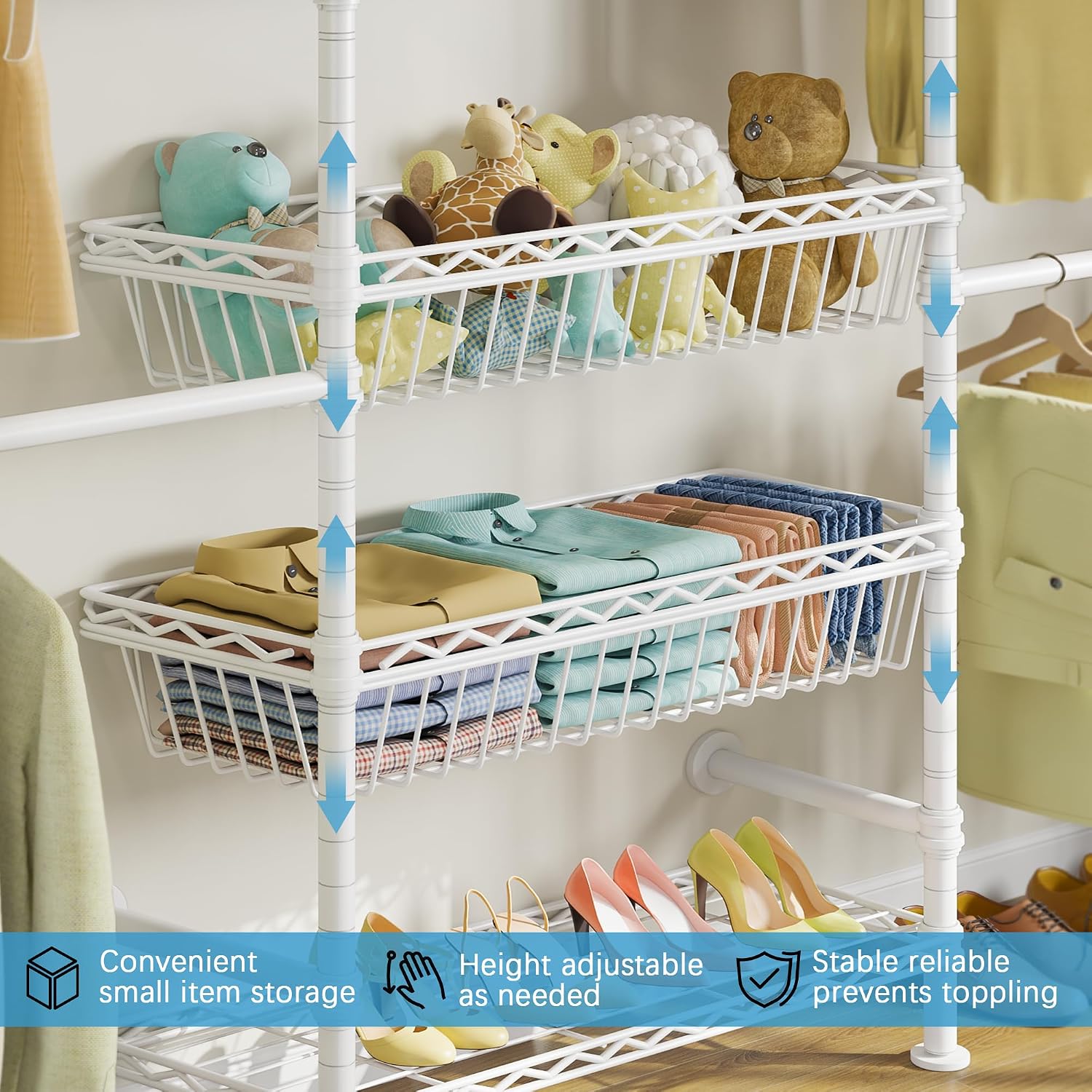 Timate X3i Garment Rack for Hanging Clothes Load 980lbs, Expandable Wall Mounted Closet System with Baskets Industrial Pipe Heavy Duty Clothes Rack Walk in Closet, Adjustable from 5'10' to 8'3', White