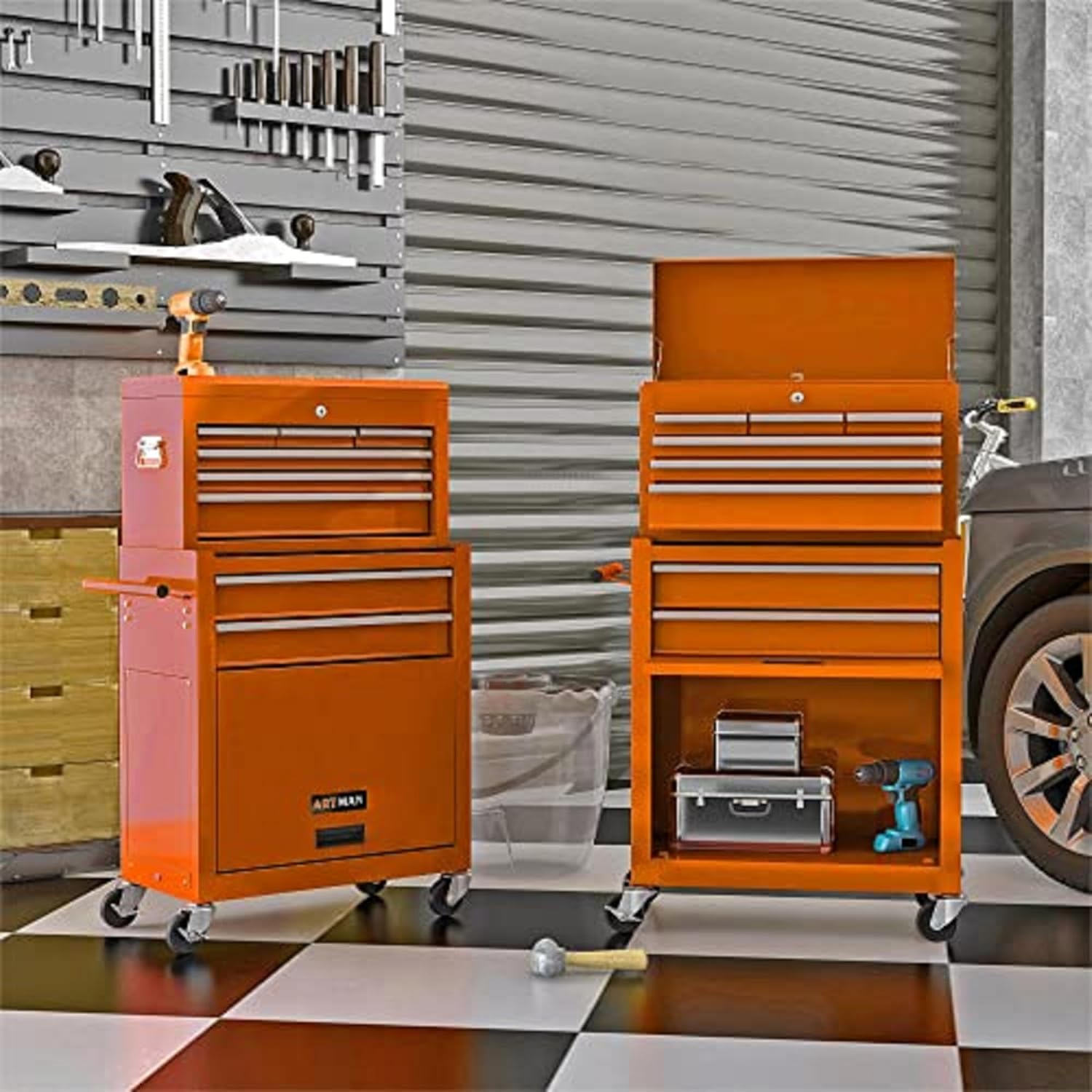 Campfun Rolling Tool Chest with Wheels, 8-Drawer Tool Box Organizer Tool Cabinet, Detachable Large Tool Cabinet with Lock, Mechanic Tool Cart High Capacity Tool Storage Cabinet, Orange