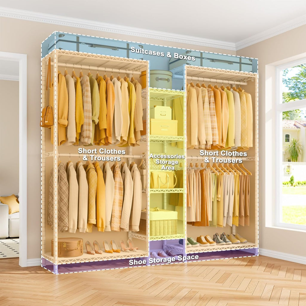 Ulif E4L L-shaped Clothing Rack for Corner, Heavy-Duty Freestanding Garment Rack, Metal Clothes Storage Organizer System with Shelves and Hangers, Max Load 962lbs, 42.7' W x 42.7' D x 79.3' H, White