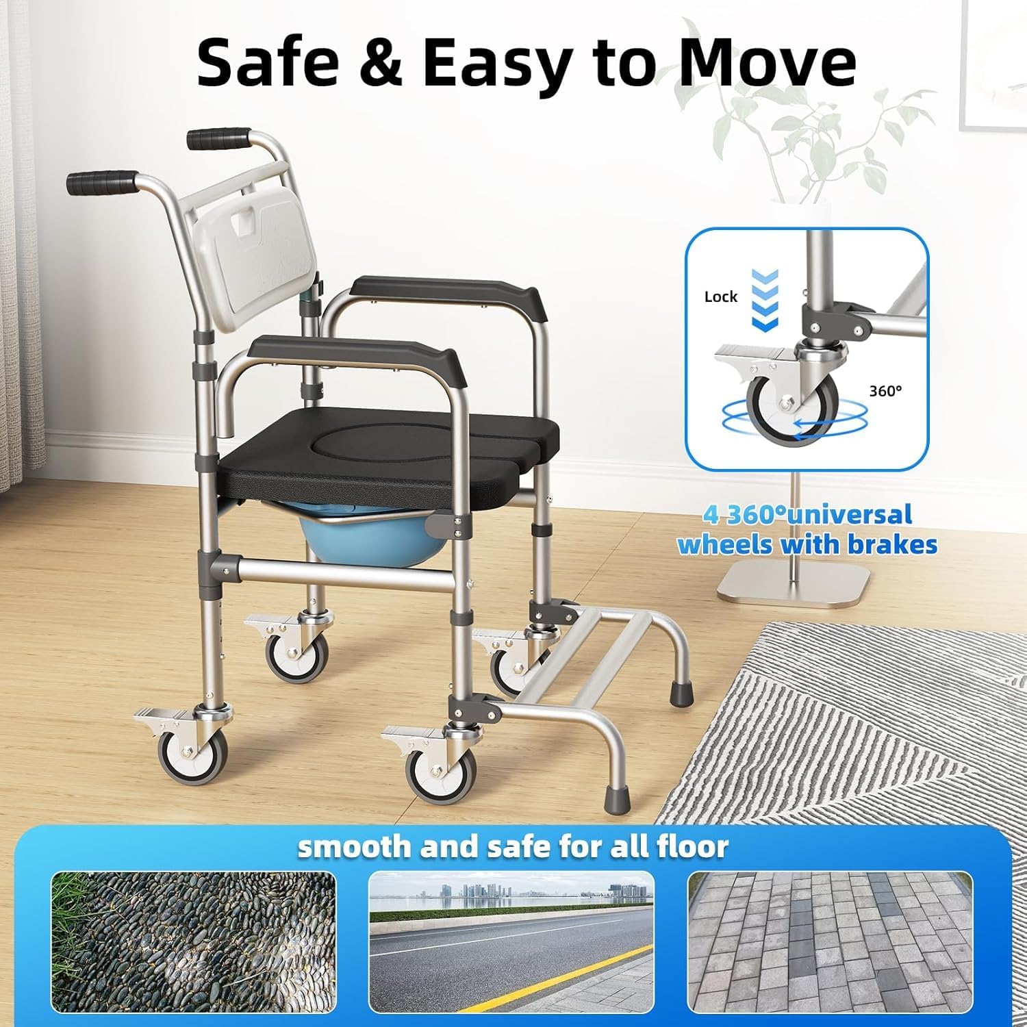 4 in 1 Rolling Bedside Commode Chair w/Wheels for Elderly, Shower Chair w/Handles for Height Raised Toilet Seat for Seniors, Disabled & Pregnant Holds Up to 350 lbs