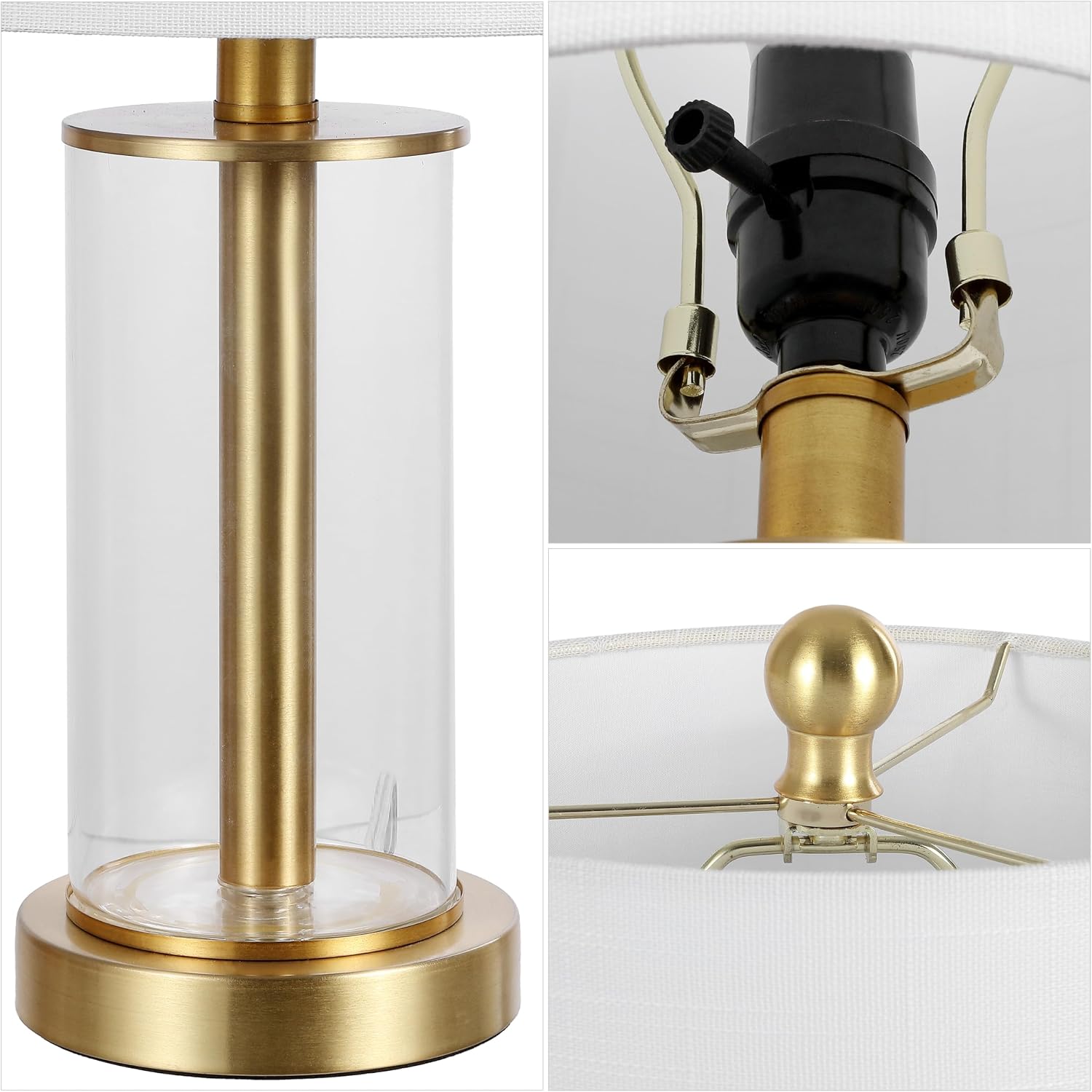 JONATHAN Y 20.5' Brass Gold Fillable Glass Table Lamp Set of 2, Modern Nightstand Lamps for Living Room Bedroom Office, White Linen Shade, LED Bulbs Included (JYL8508B-SET2)