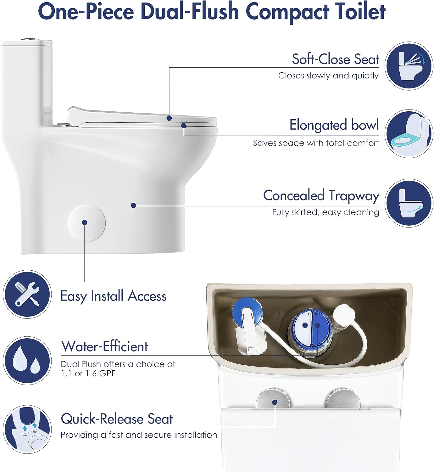 Eridanus One Piece Toilet, Elongated with Soft Closing Seat, Small Compact Toilet with 16⅜' Height Seat, Powerful & Quiet Dual Flush (1.1/1.6 GPF), 12' Rough-In