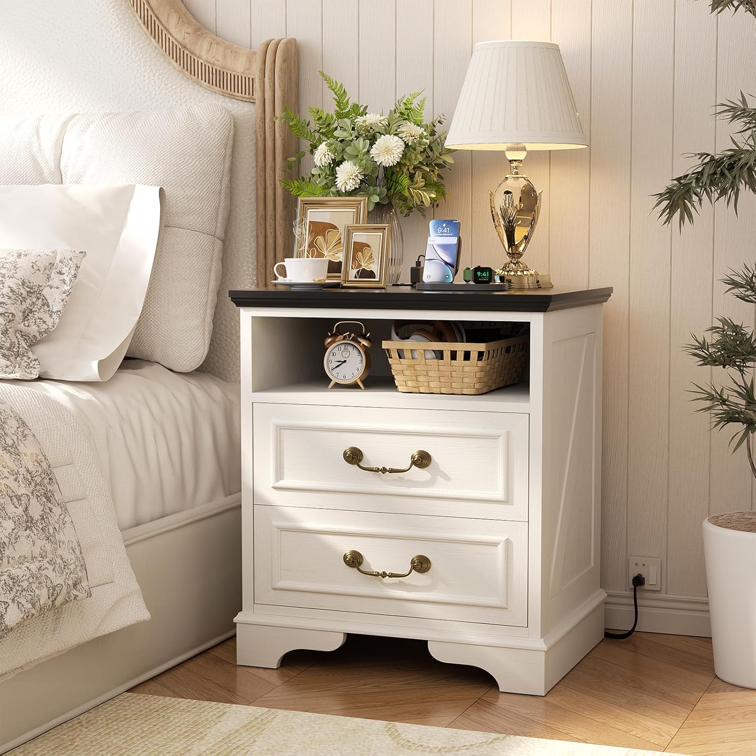 Unikito Farmhouse Nightstands Set of 2, Night Stands with Charging Station, Bedside Table with 2 Large Drawers & Vintage Handles, Side Table with Open Storage for Bedroom (Antique White)