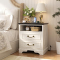 Unikito 24' Tall Farmhouse Nightstand with Charging Station, Rustic End Table with Drawer & Open Storage, Beside Table for Bedroom, Antique White