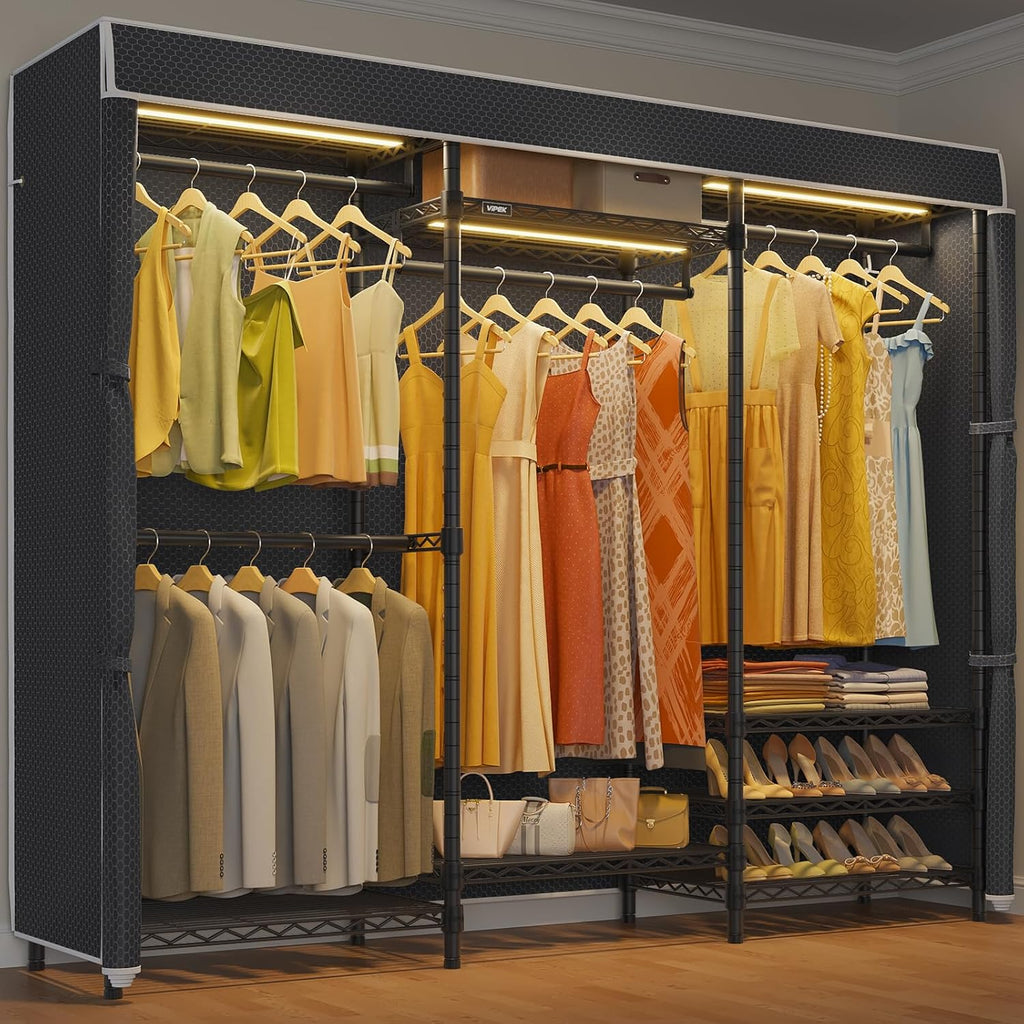 VIPEK V5LC Garment Rack Heavy Duty Covered with Dimmable LED Light 3000K Warm White, Portable Closet Wardrobe Freestanding for Hanging Clothes, Black with Cover
