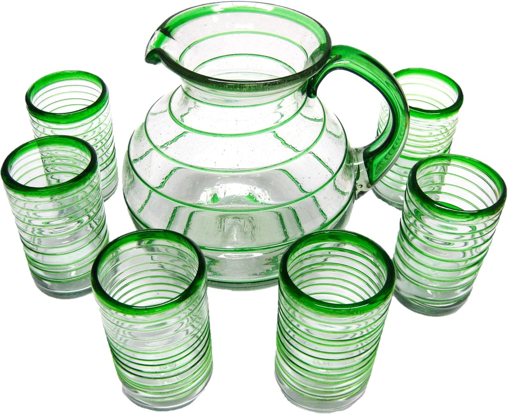 Emerald Green Spiral 120 oz Pitcher and 6 Drinking Glasses set, Recycled Glass, Lead-free, Toxin-Free (Pitcher & Glasses)