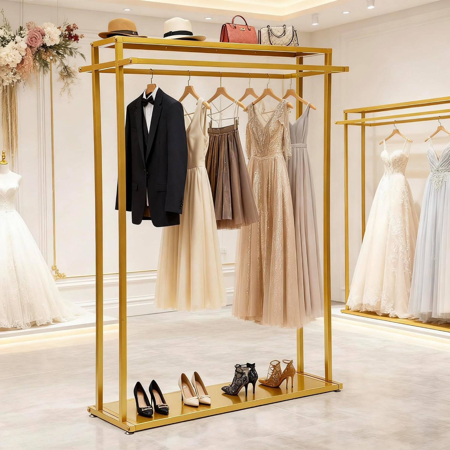 Retail Clothes Display Wedding Dress Rack Heavy Duty Metal Gold Garment Rack, Clothing Store Studio Boutique Racks for Hanging Long Dresses Wedding Dress Commercial Floor-Standing Shelves 67 inch