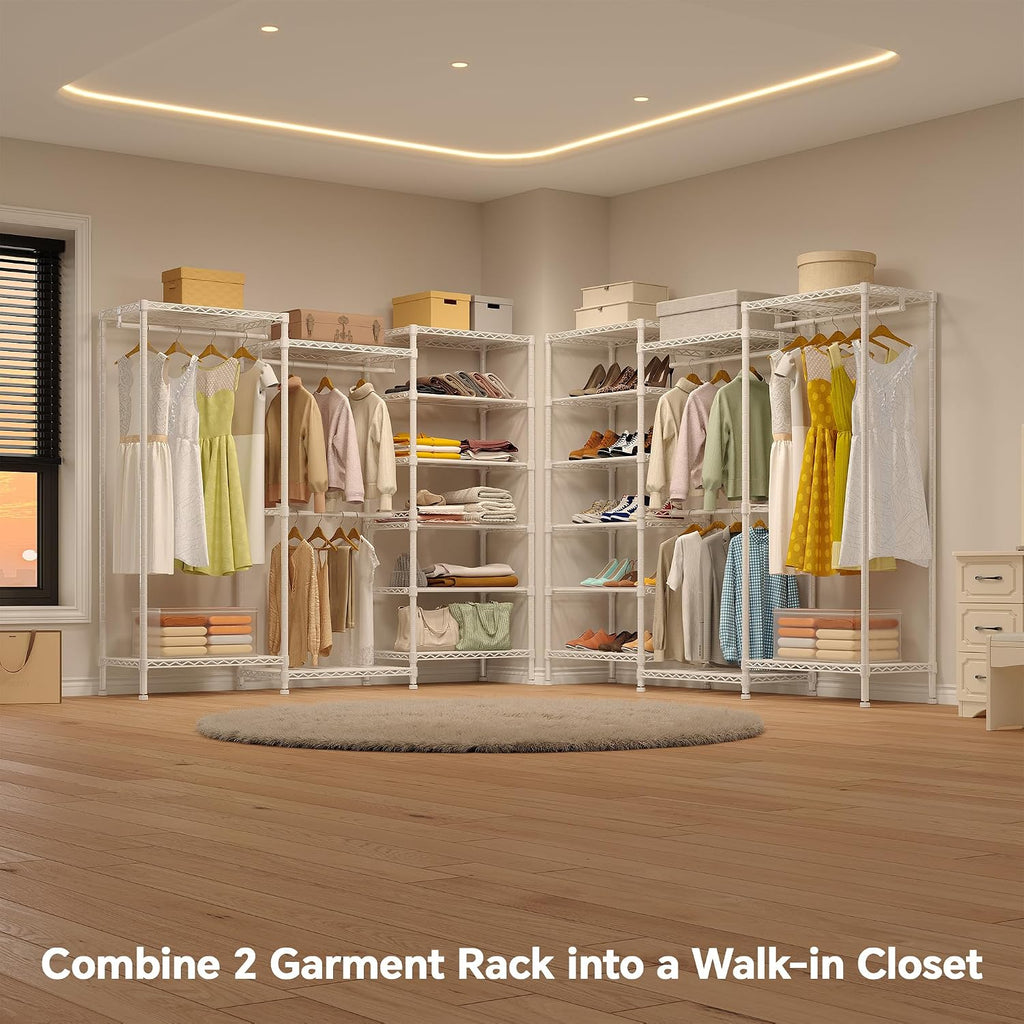 Higeego H12 Heavy Duty Clothes Rack with Adjustable 5-Tier Shoe Rack, Metal Clothing Racks for Hanging Clothes, Freestanding Shoe Organizer Large Garment Racks, 15.7' D x 68.7' W x 76.4' H, White