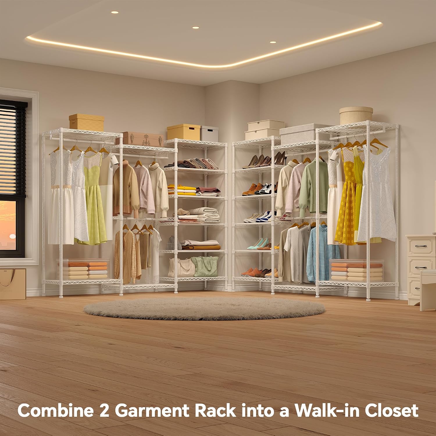 Higeego H12 Heavy Duty Clothes Rack with Adjustable 5-Tier Shoe Rack, Metal Clothing Racks for Hanging Clothes, Freestanding Shoe Organizer Large Garment Racks, 15.7' D x 68.7' W x 76.4' H, White