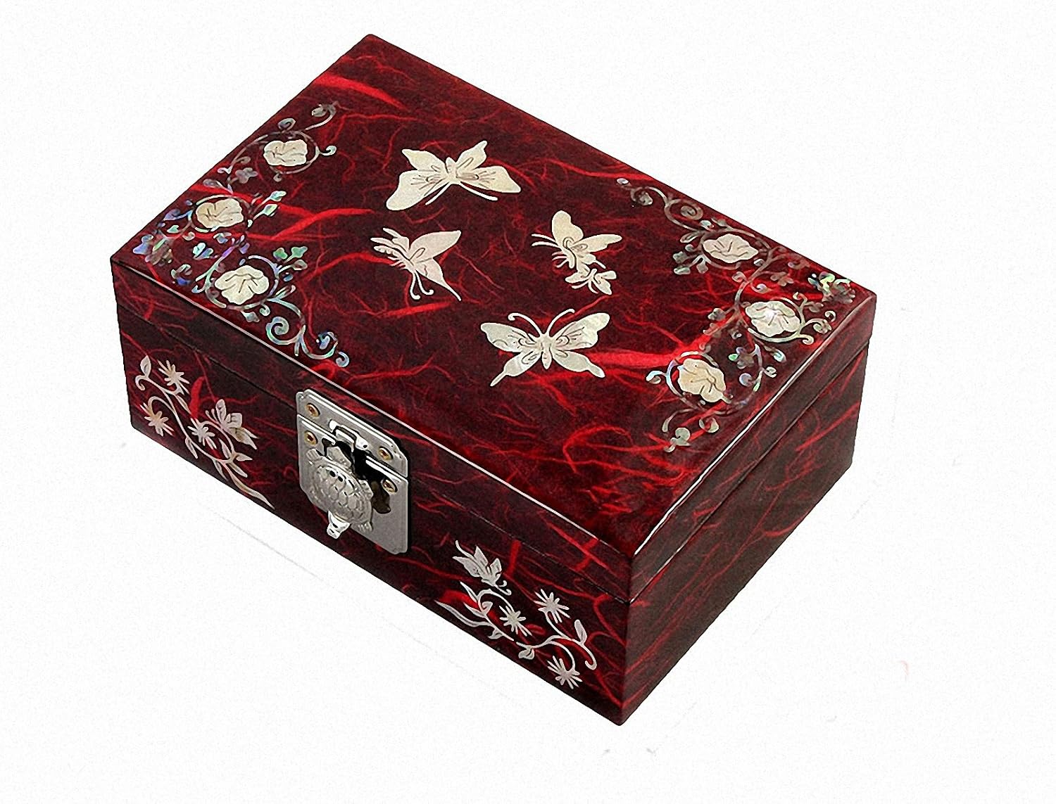 Antique Alive Mother of Pearl Inlay Design Jewelry Box, Wood Jewelry Box, Trinket Case, Keepsake Treasure Chest Box Organizer Holder (Red Butterfly)