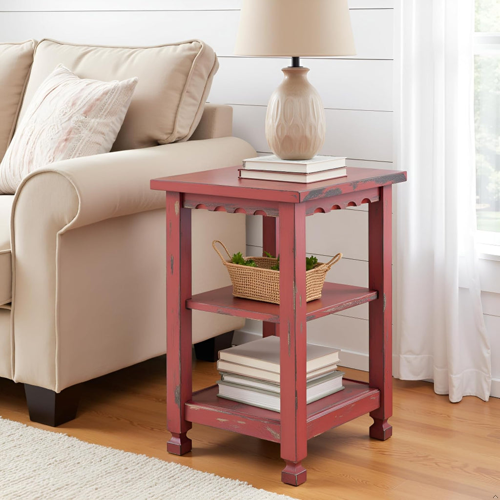 Alaterre Furniture Country Cottage Rustic Farmhouse Nightstand – 3-Tier Narrow End Table with Weathered Faded Finish, Carved Edges, & Turned Legs (Distressed Antique Red)