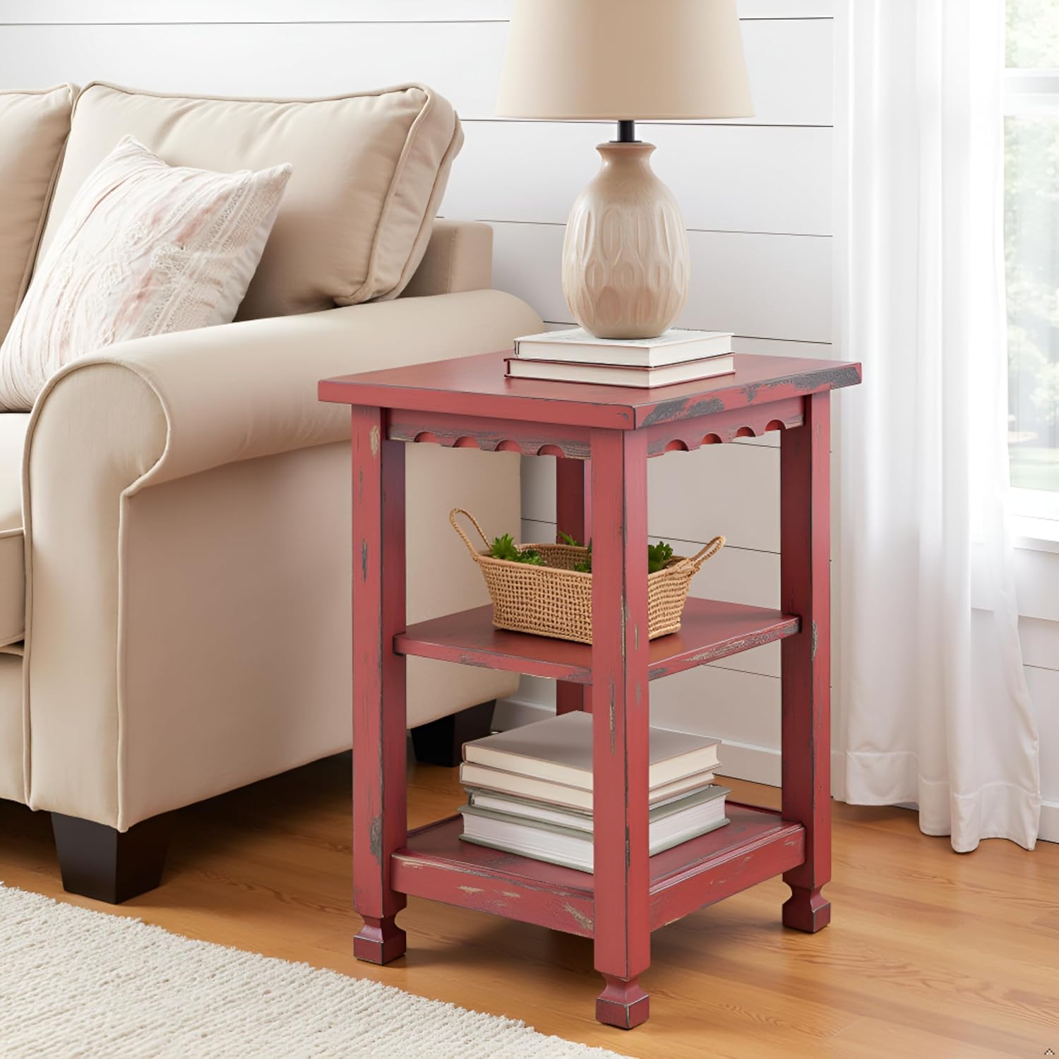 Alaterre Furniture Country Cottage Rustic Farmhouse Nightstand – 3-Tier Narrow End Table with Weathered Faded Finish, Carved Edges, & Turned Legs (Distressed Antique Red)