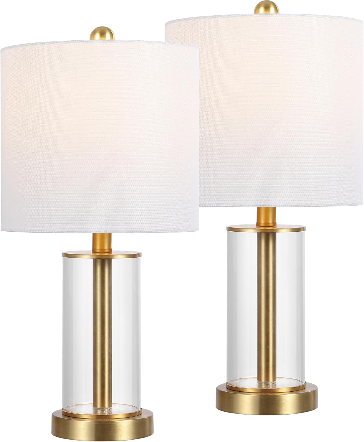 JONATHAN Y 20.5' Brass Gold Fillable Glass Table Lamp Set of 2, Modern Nightstand Lamps for Living Room Bedroom Office, White Linen Shade, LED Bulbs Included (JYL8508B-SET2)