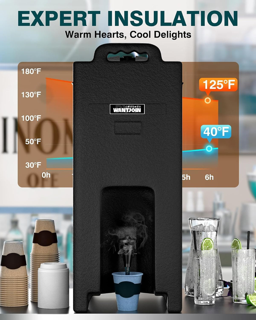 WantJoin Insulated Beverage Dispenser - 5 Gallon Hot and Cold Drink Container, Thermal Drink Dispenser Cooler Server Carrier with Handles for Commercial Catering, Black