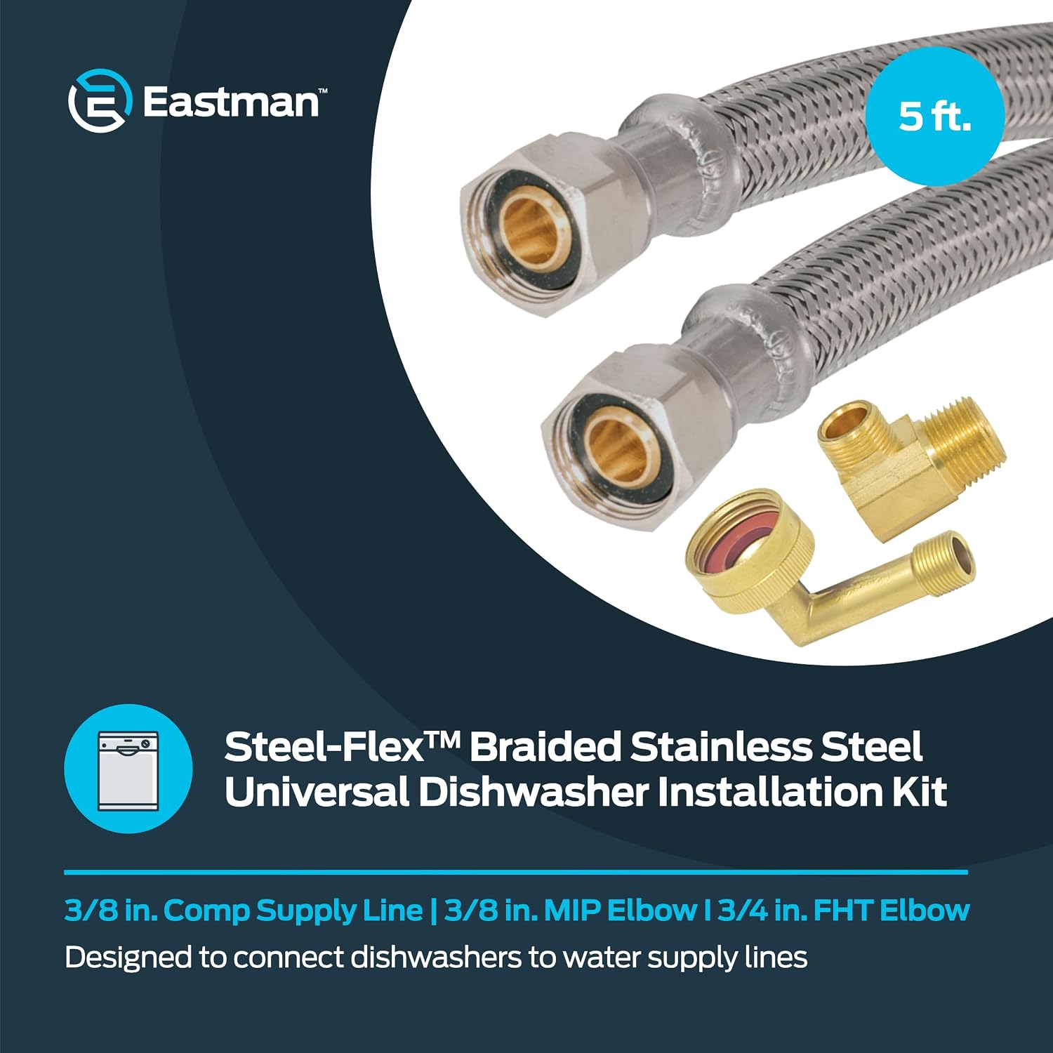 Eastman 5 Ft. Dishwasher Installation Kit, Braided Stainless Steel Supply Line with 3/8 Inch Compression Ends, 41041 (Pack of 12)