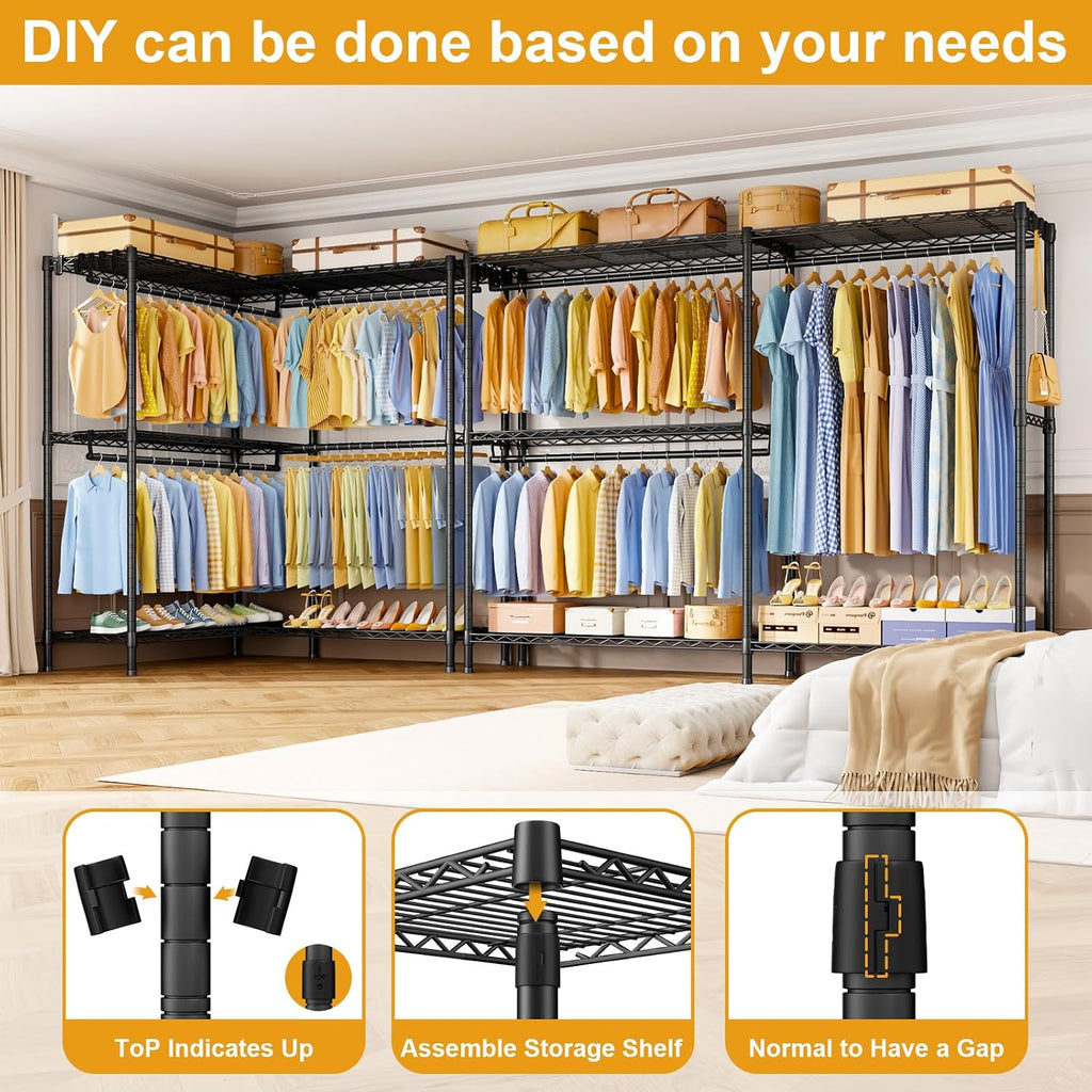 ULIFHOME E15 Pro Garment Rack L Shaped Clothes Rack for Corner，Freestanding Clothing Racks for Hanging Clothes，Heavy Duty Closet System with 4 Hanging Rods & 8 S Hooks，48.8'W x 15.8'D x 78.4'H，Black