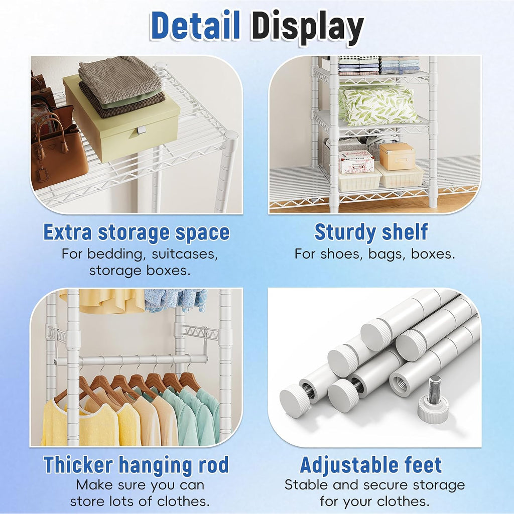 Raybee 88.2' W Clothes Rack Heavy Duty Clothing Racks for Hanging Clothes Extra Wide Portable Closet Loads 1200LBS Freestanding Garment Rack for Bedroom 88.2' W x 75.6' H x 15.7' D, White