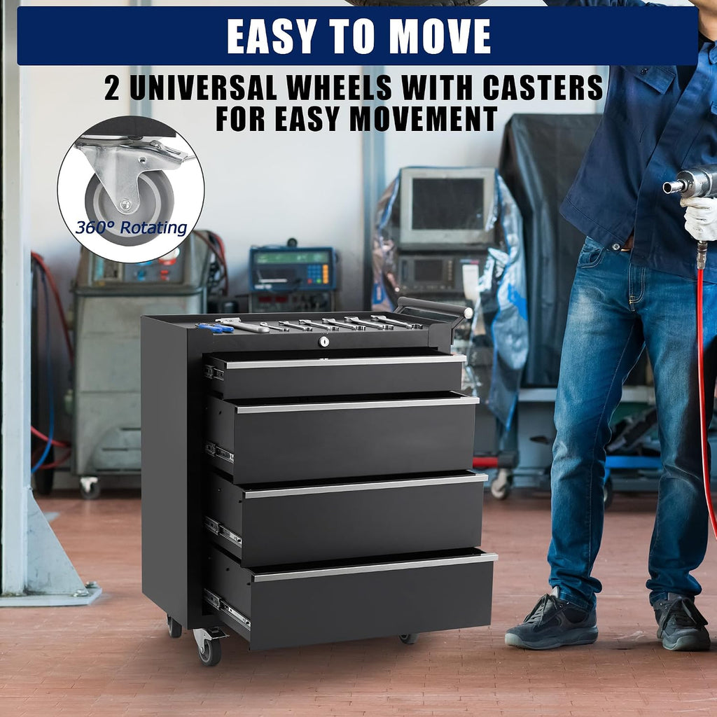 24' Heavy-Duty Rolling Tool Cabinet, 4-Drawer Lockable Steel Tool Chest with 4 Locking Wheels & Reinforced Frame, High Weight Capacity Organizer for Garage, Workshop, and Home Use