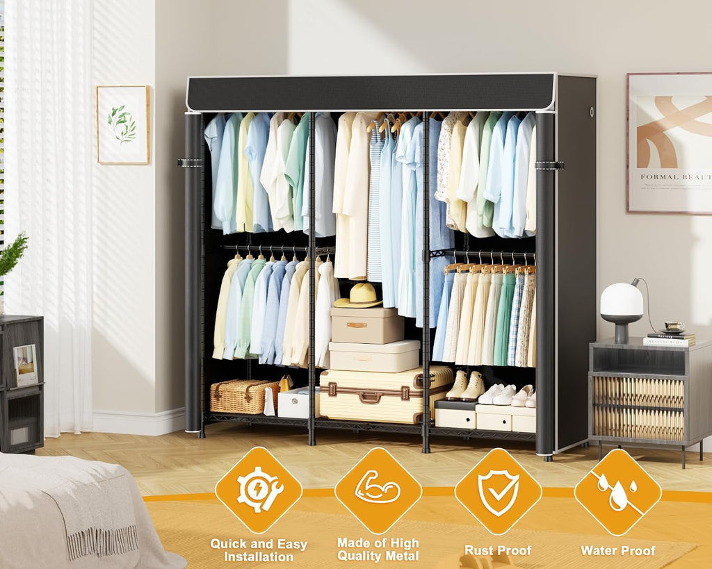 ULIFHOME E14C Heavy Duty Closet Organizer System，Freestanding Clothing Racks for Hanging Clothes，Adjustable Garment Rack 58' W × 16' D × 77' H Hold 860 lbs，Black Rack with Black Dustproof Cover