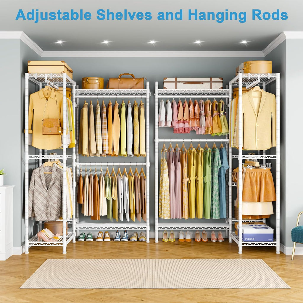 Ulif E4L L-shaped Clothing Rack for Corner, Heavy-Duty Freestanding Garment Rack, Metal Clothes Storage Organizer System with Shelves and Hangers, Max Load 962lbs, 42.7' W x 42.7' D x 79.3' H, White