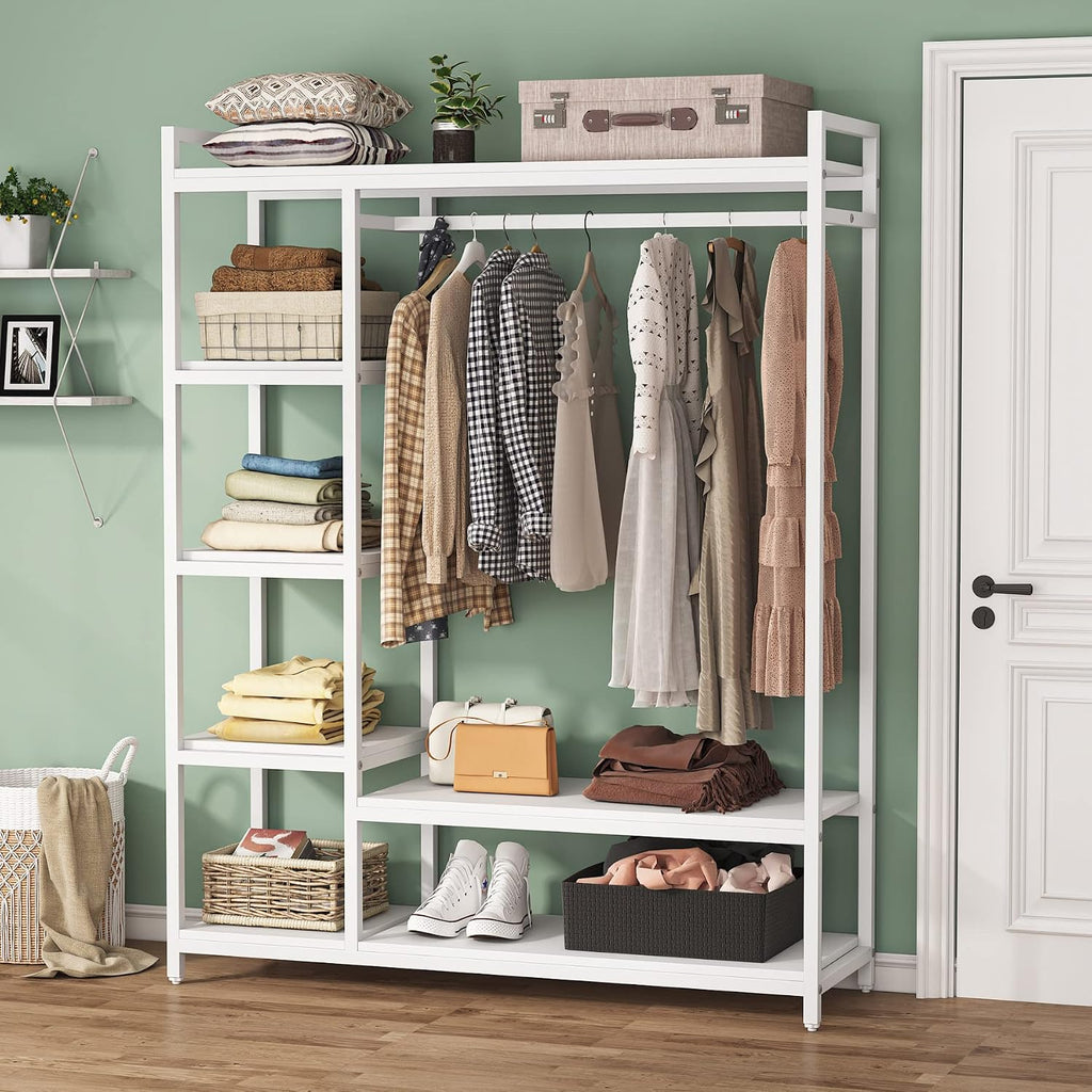 LITTLE TREE Free Standing Wood Closet Clothes Rack,Heavy Duty Grament Rack with Shelves,Hanging Racks for Clothes Clothing Rack for Bedrom,Wardrobe Closet Organizer,350 lb Capacity