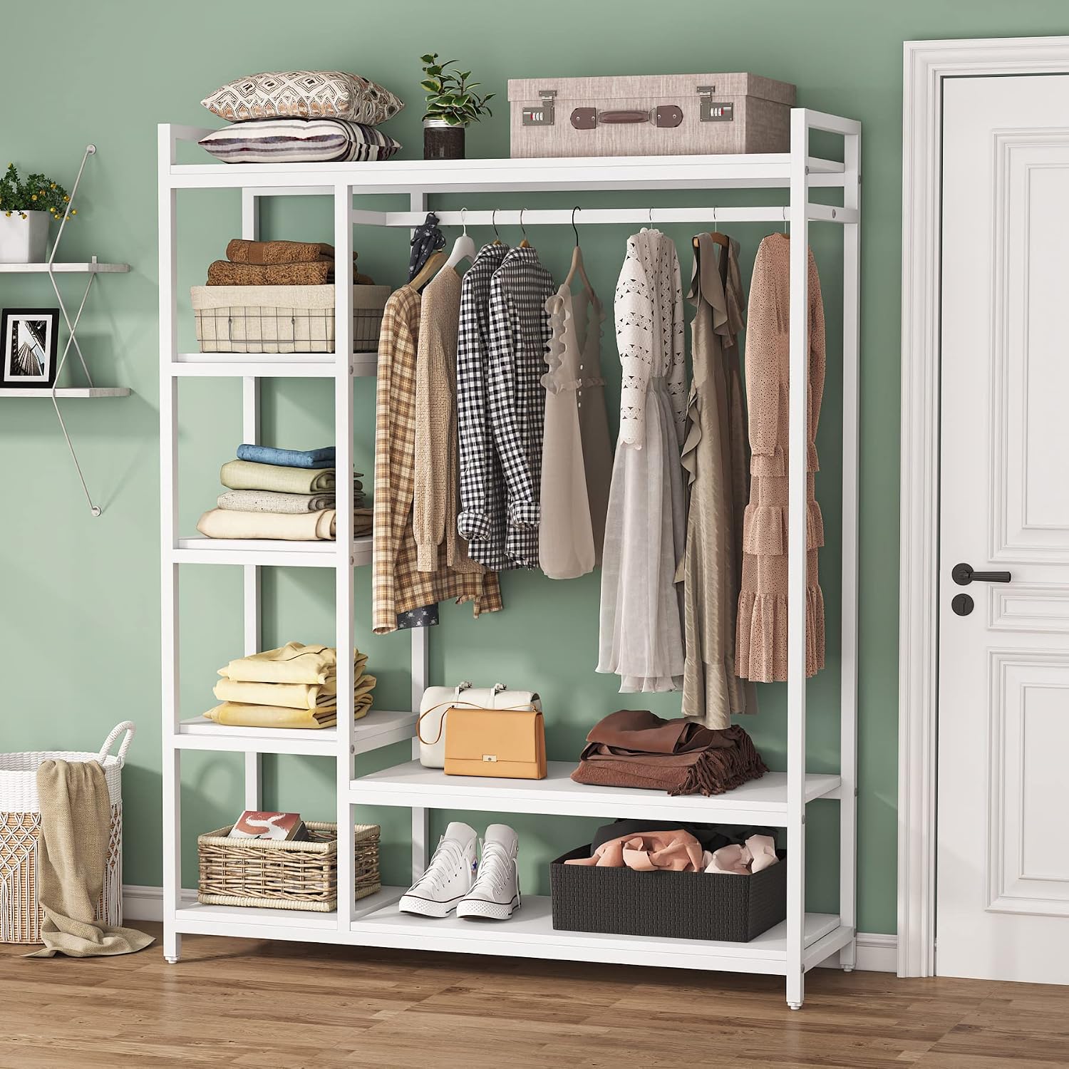 LITTLE TREE Free Standing Wood Closet Clothes Rack,Heavy Duty Grament Rack with Shelves,Hanging Racks for Clothes Clothing Rack for Bedrom,Wardrobe Closet Organizer,350 lb Capacity