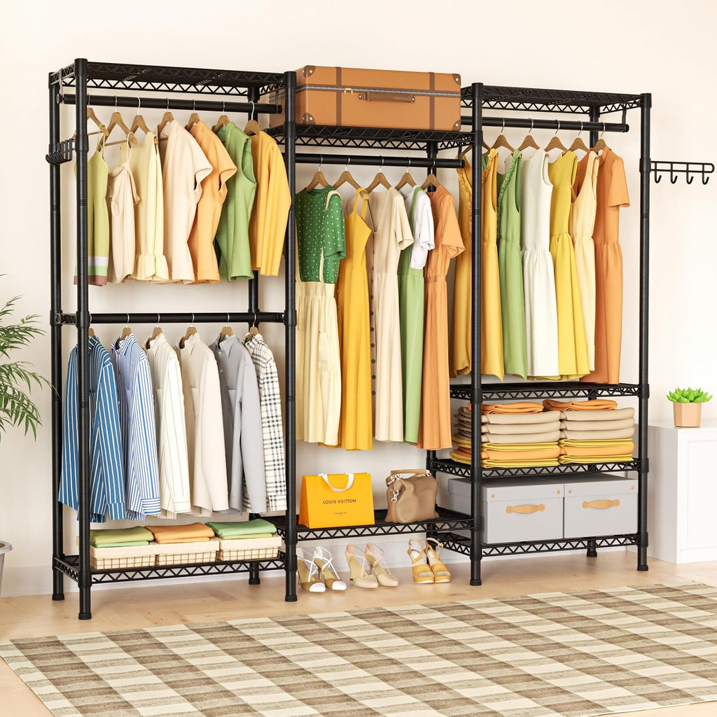 Golpart Heavy Duty Garment Rack Clothes Rack,Large Metal Closet Organizer System Storage Wardrobe,Freestanding Clothing Rack with 8 Adjustable Wire Shelves&4 Hang Rods,MaxLoad 800lbs