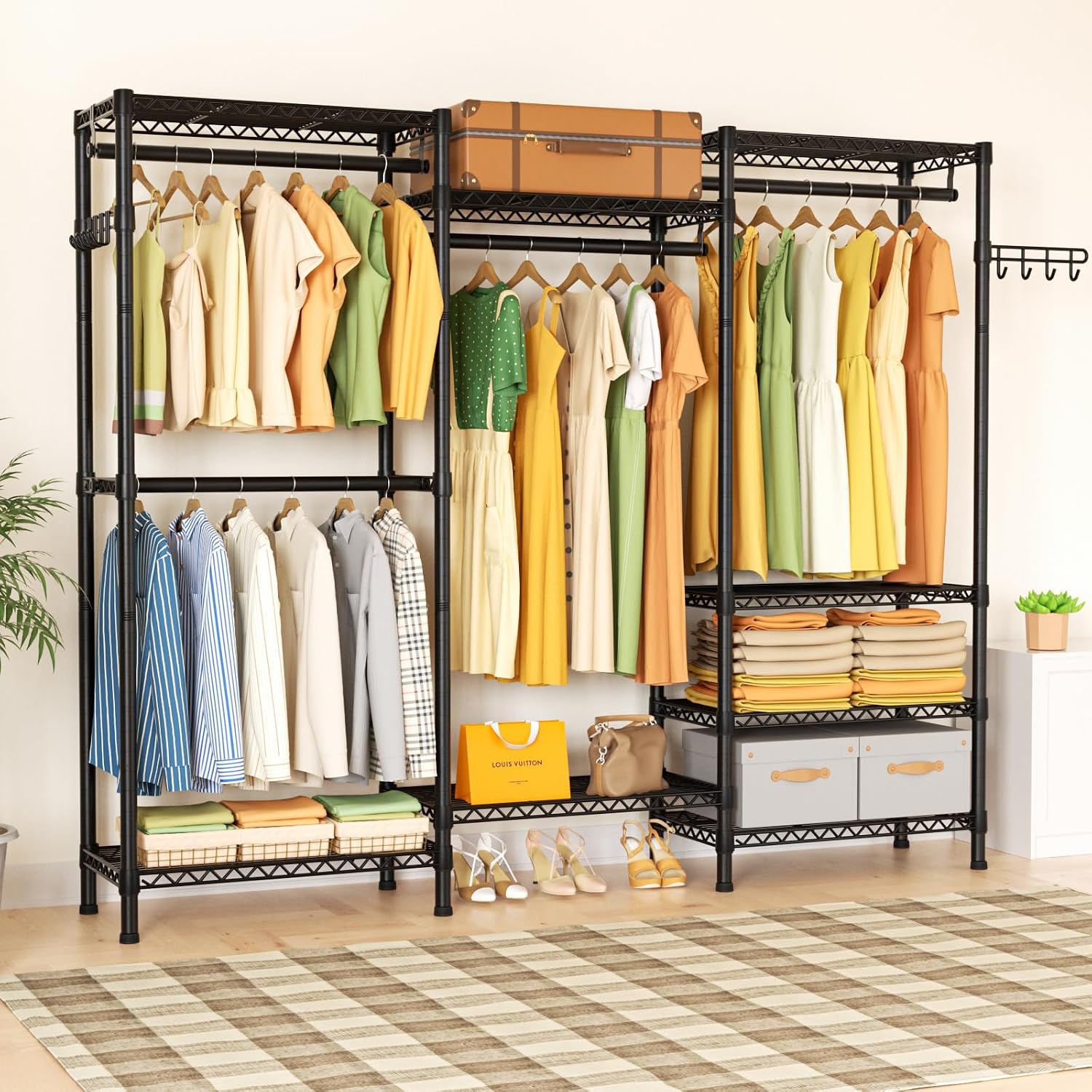 Golpart Heavy Duty Garment Rack Clothes Rack,Large Metal Closet Organizer System Storage Wardrobe,Freestanding Clothing Rack with 8 Adjustable Wire Shelves&4 Hang Rods,MaxLoad 800lbs