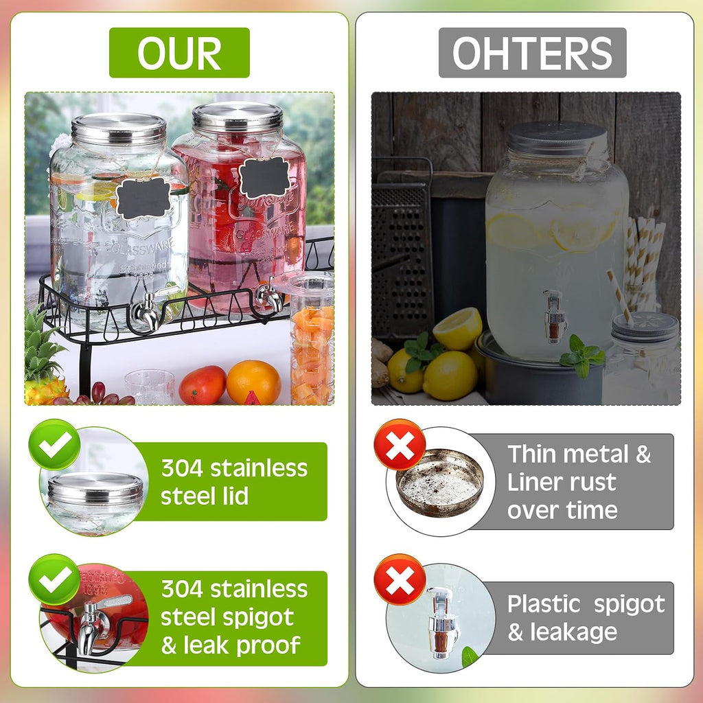 Lallisa 3 Pcs 2 Gallon Glass Drink Dispenser with Stand and Lid Mason Jar Beverage Dispenser with Stainless Steel Spigot, Hanging Chalkboard Signs, Fruit Infuse, Ice Cylinder, Liquid Pen (Silver)