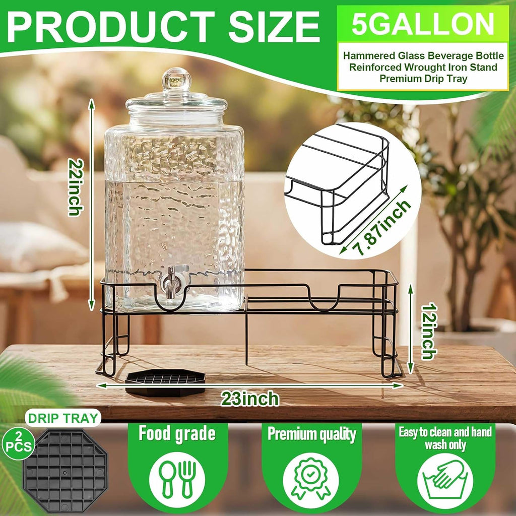 2 Pack 5 Gallon Drink Dispenser with Stand for Parties, Hammered Glass Beverage Dispensers, Stainless Steel Spigots and Drip Trays, Water Jar Jug for Lemonade, Juice, Tea and Party Drinks