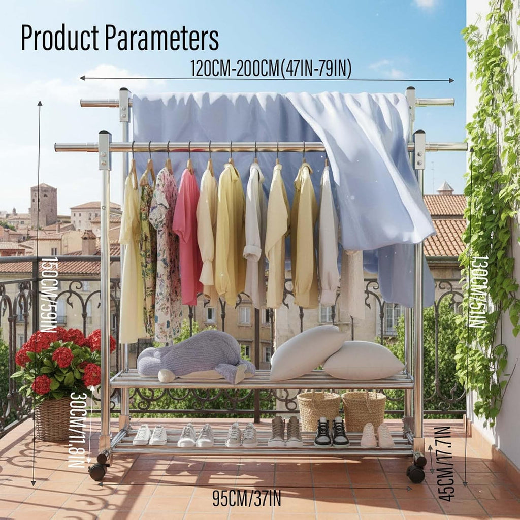 YSUEFIJO Stainless Steel Clothes Drying Rack with Wheels, Double Rods Extendable Laundry Hanger, Mobile Telescopic Garment Rack, Indoor Outdoor Folding Laundry Stand