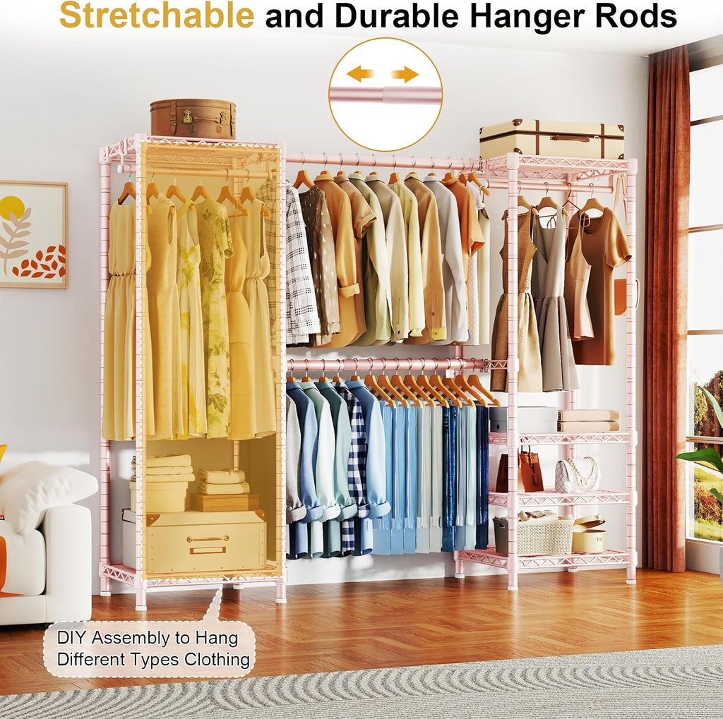 Ulif E7 Garment Rack, Heavy Duty Clothes Storage System with Extendable Hangers Rods, Metal Clothing Rack with 6 Wire Shelves, (52.3'-72') W x 14.5' D x 71.2' H, Load 838lbs, Pink