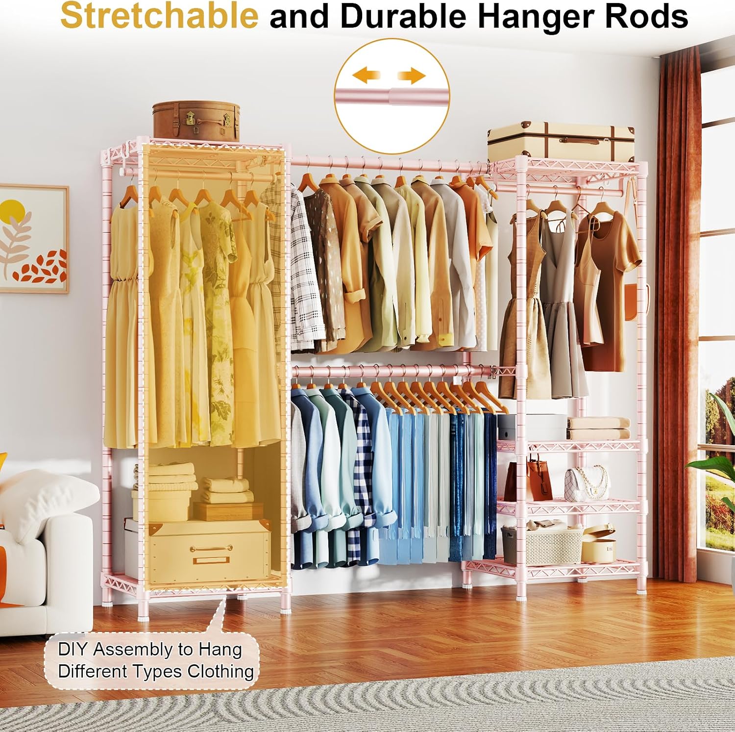 Ulif E7 Garment Rack, Heavy Duty Clothes Storage System with Extendable Hangers Rods, Metal Clothing Rack with 6 Wire Shelves, (52.3'-72') W x 14.5' D x 71.2' H, Load 838lbs, Pink