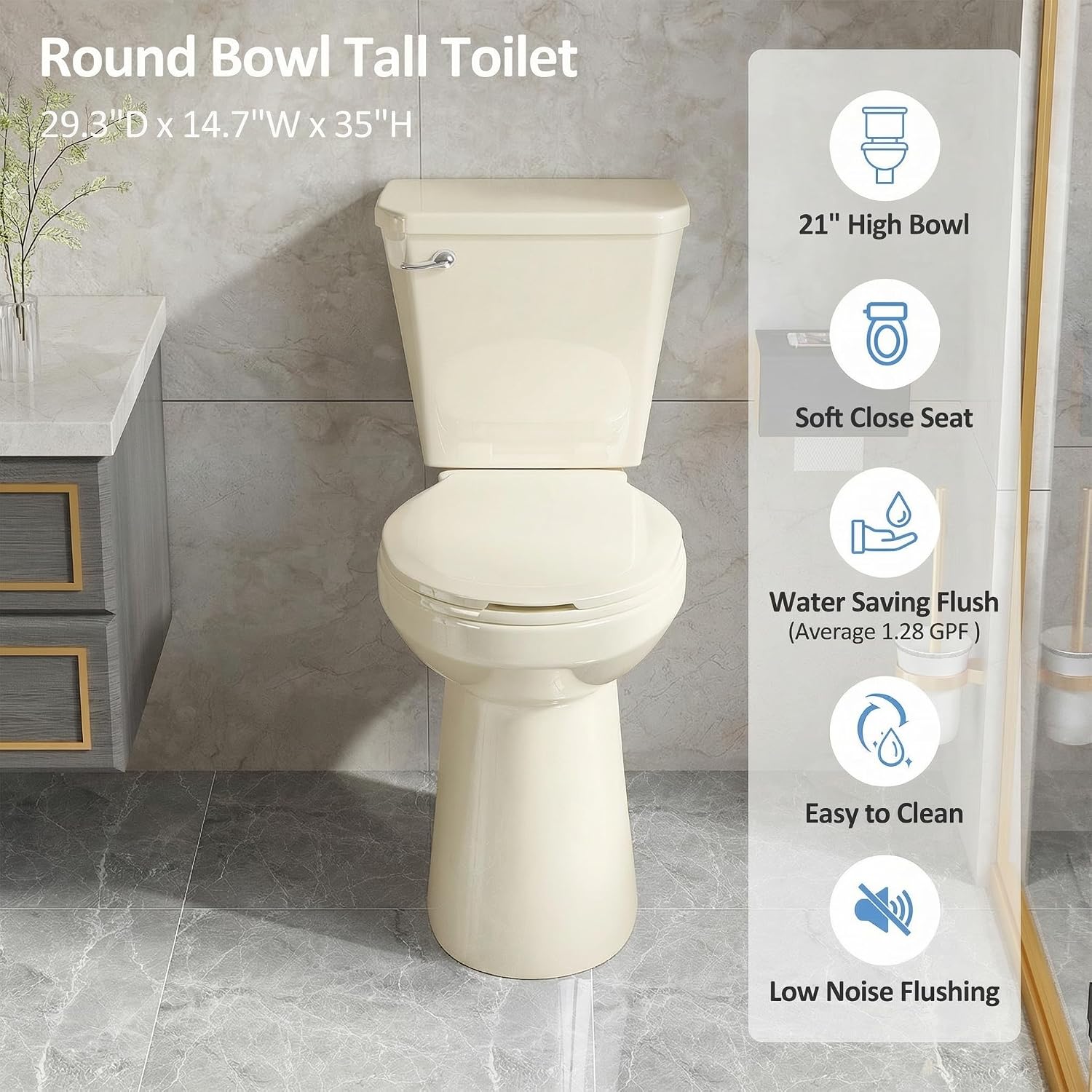 Simple Project Tall Toilets for Seniors 21 inch Extra High Toilets, ADA Comfort Toilet Bowl Heigh 21', Elongated Two-Piece Toilet 1.28GPF Powerful, 12 Inch Rough-in, Bone Color, for Bathroom