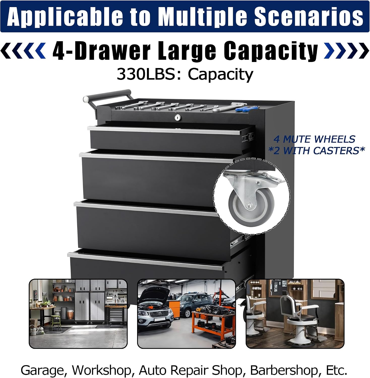 24' Heavy-Duty Rolling Tool Cabinet, 4-Drawer Lockable Steel Tool Chest with 4 Locking Wheels & Reinforced Frame, High Weight Capacity Organizer for Garage, Workshop, and Home Use