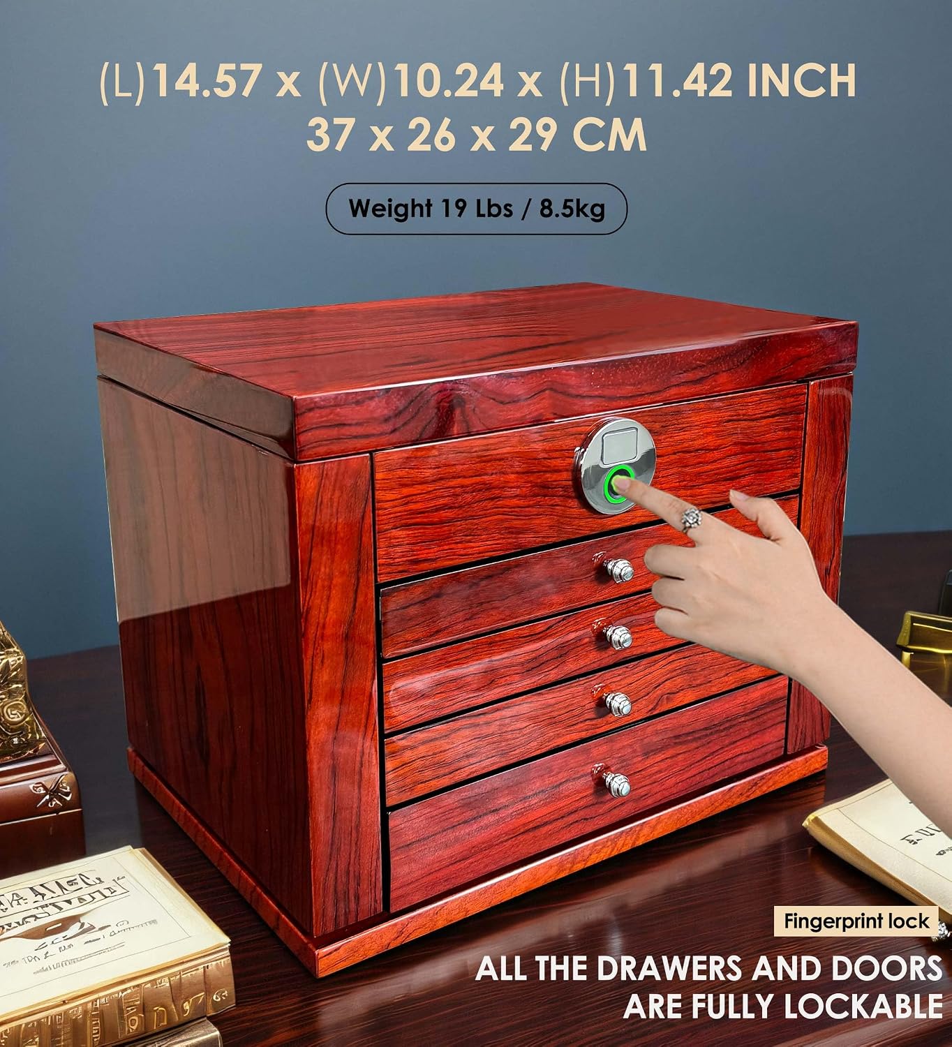 Jewelry Box Wood Jewel Organizer with Fingerprint Lock Safe, 7-Layer Large Locking Jewelry Storage Box with Necklace Hanger for Women Mens Gift (5L-RS)