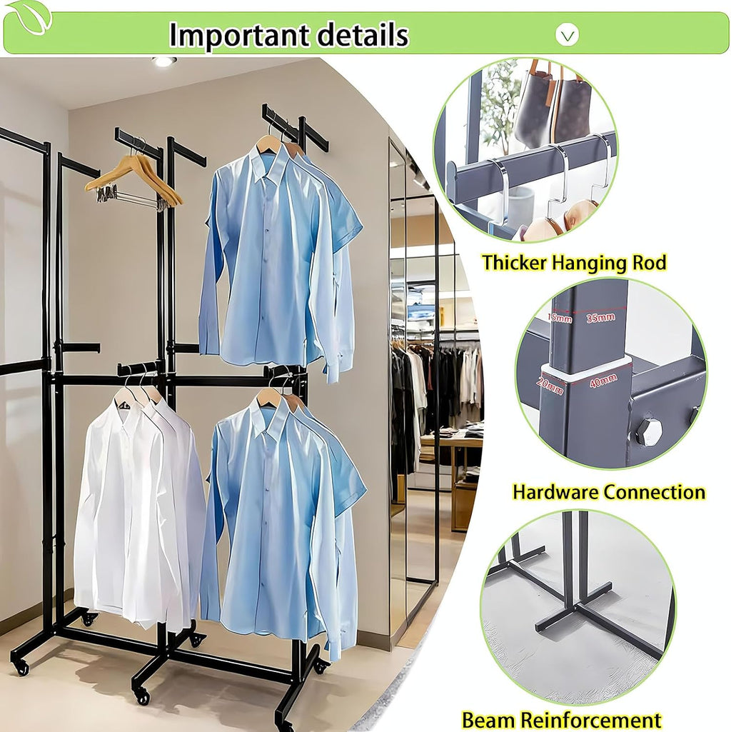 Floor Standing Metal Garment Rack - Heavy Retail Display Racks With Wheels, Two-story 12 Arms Clothing Rack, Square Tubing Portable Shirt Rack, Merchandise Display RackFor Hanging Clothes (Black-2)