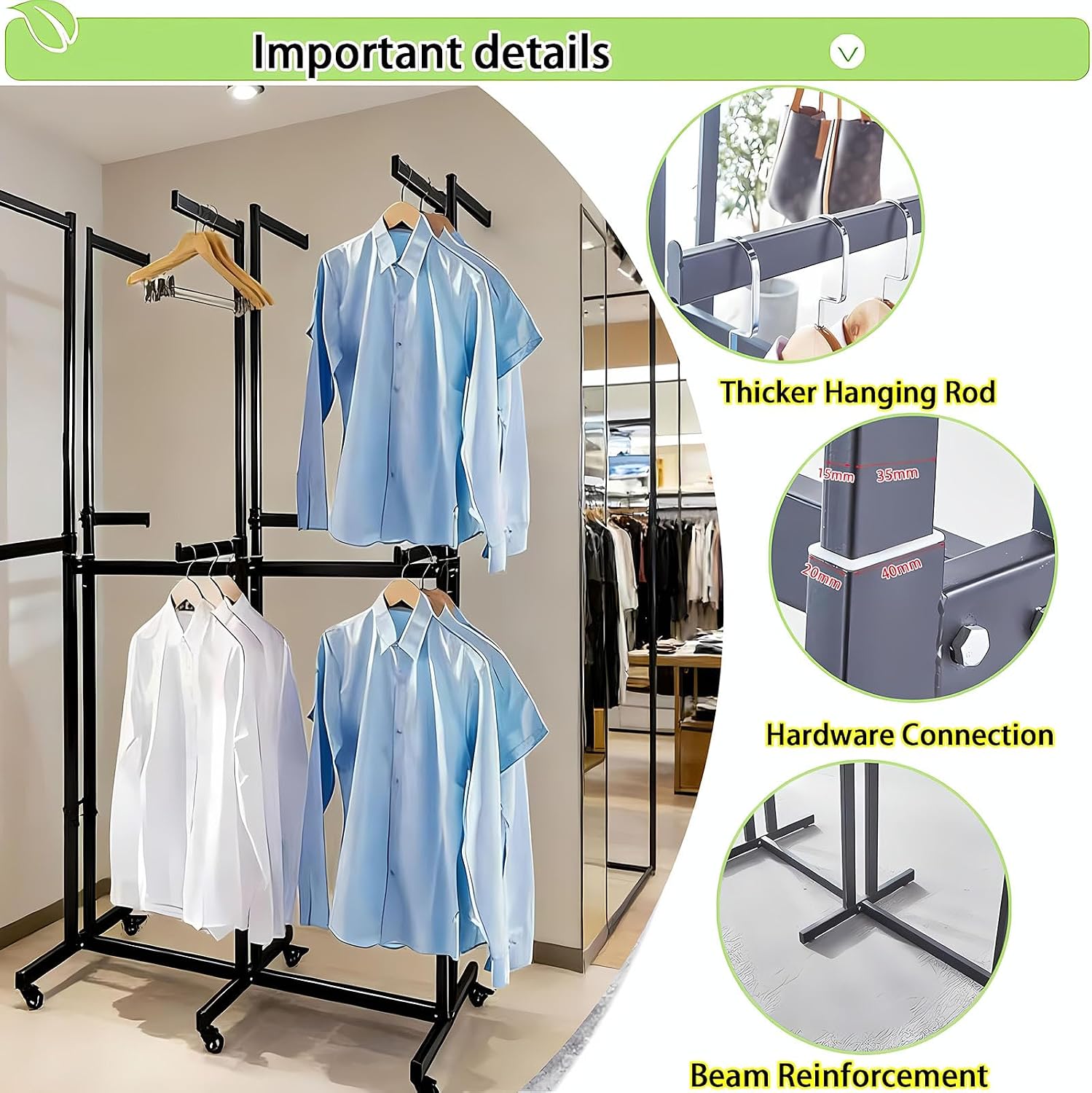 Floor Standing Metal Garment Rack - Heavy Retail Display Racks With Wheels, Two-story 12 Arms Clothing Rack, Square Tubing Portable Shirt Rack, Merchandise Display RackFor Hanging Clothes (Black-2)