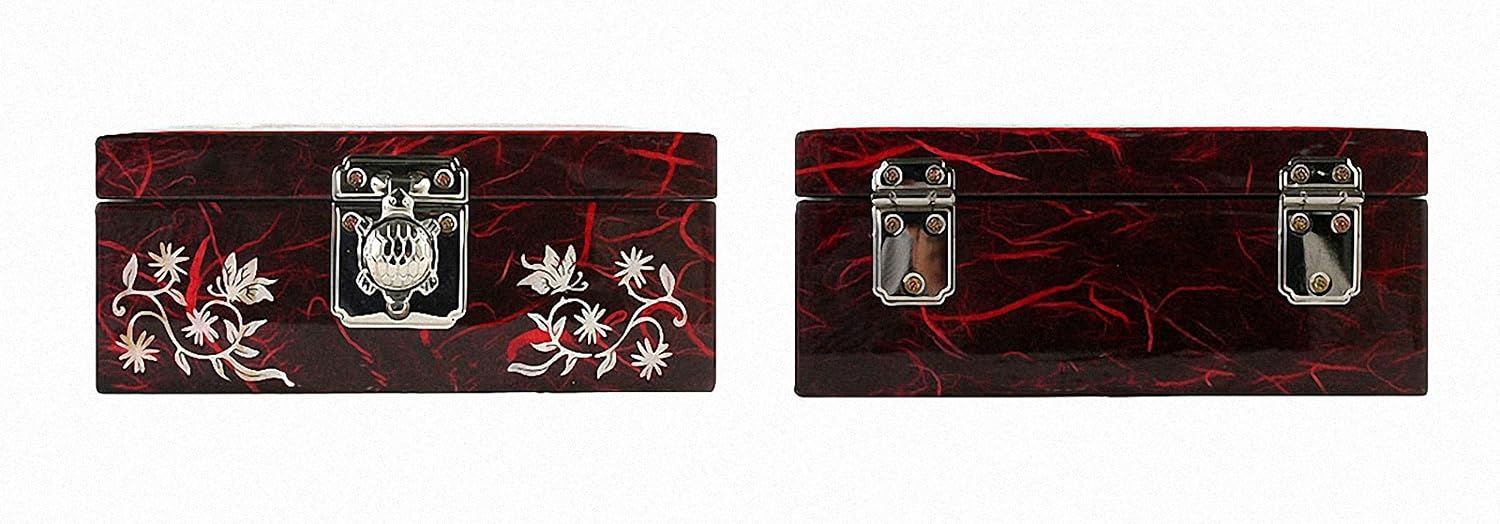 Antique Alive Mother of Pearl Inlay Design Jewelry Box, Wood Jewelry Box, Trinket Case, Keepsake Treasure Chest Box Organizer Holder (Red Butterfly)