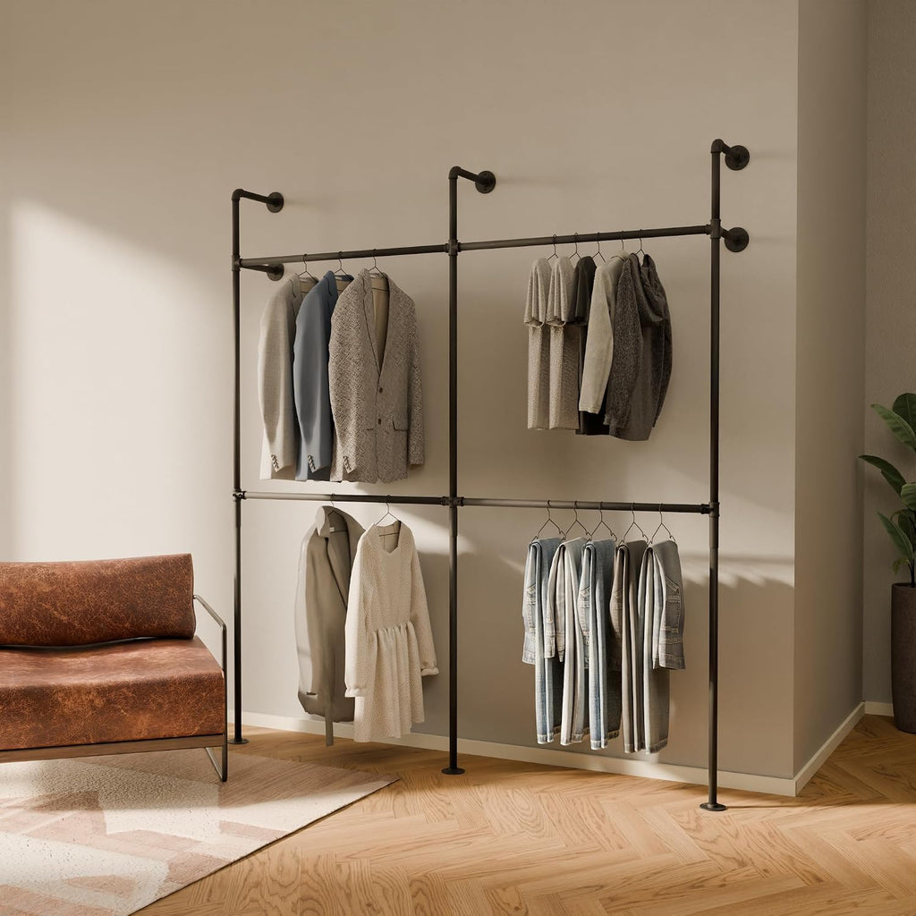 pamo Industrial Pipe Clothing Rack – Wall Mounted Black Closet System in Powder-Coated Steel – 79.13' W × 87.4' H – Easy Setup – Ideal for Walk-In Closets & Retail Use