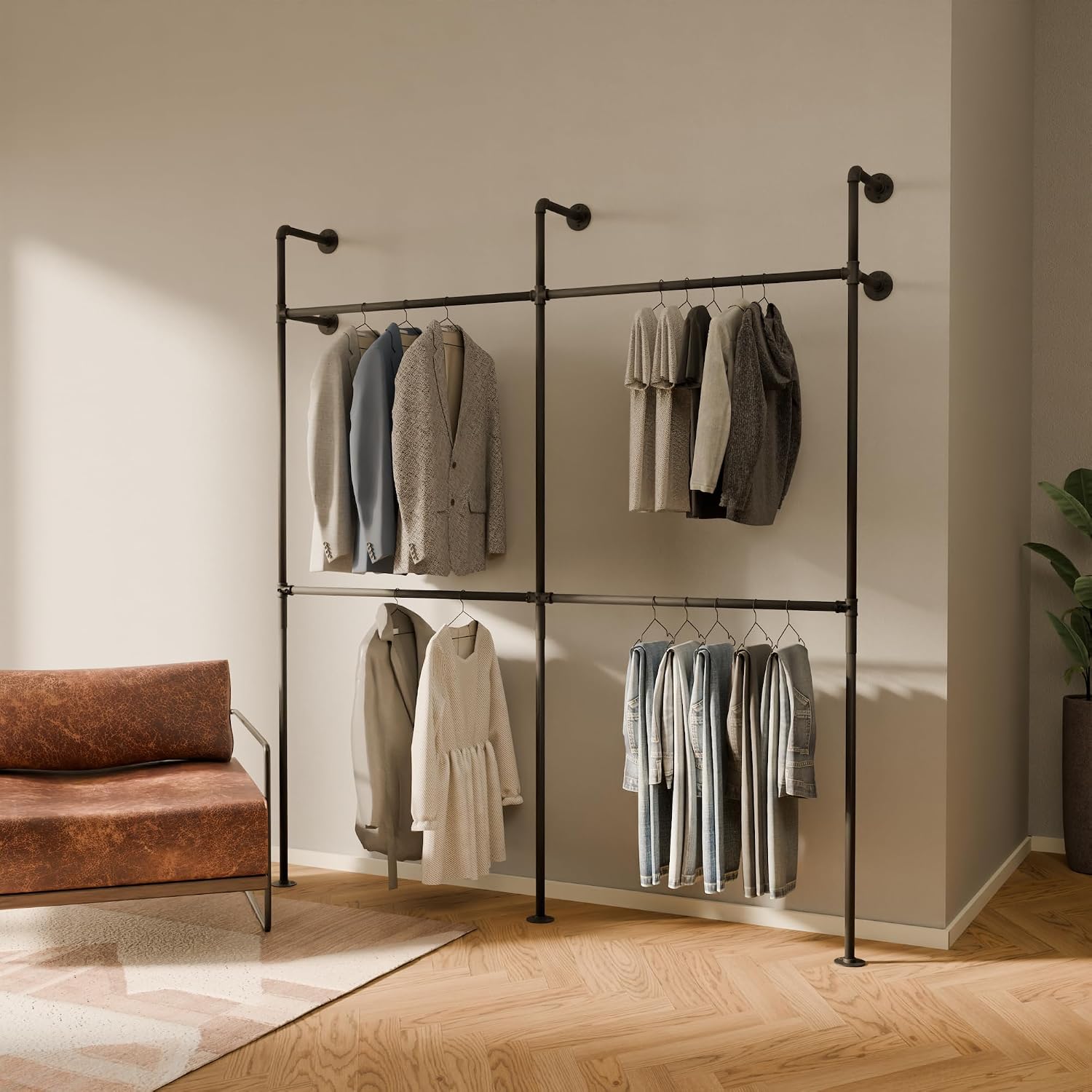pamo Industrial Pipe Clothing Rack – Wall Mounted Black Closet System in Powder-Coated Steel – 79.13' W × 87.4' H – Easy Setup – Ideal for Walk-In Closets & Retail Use
