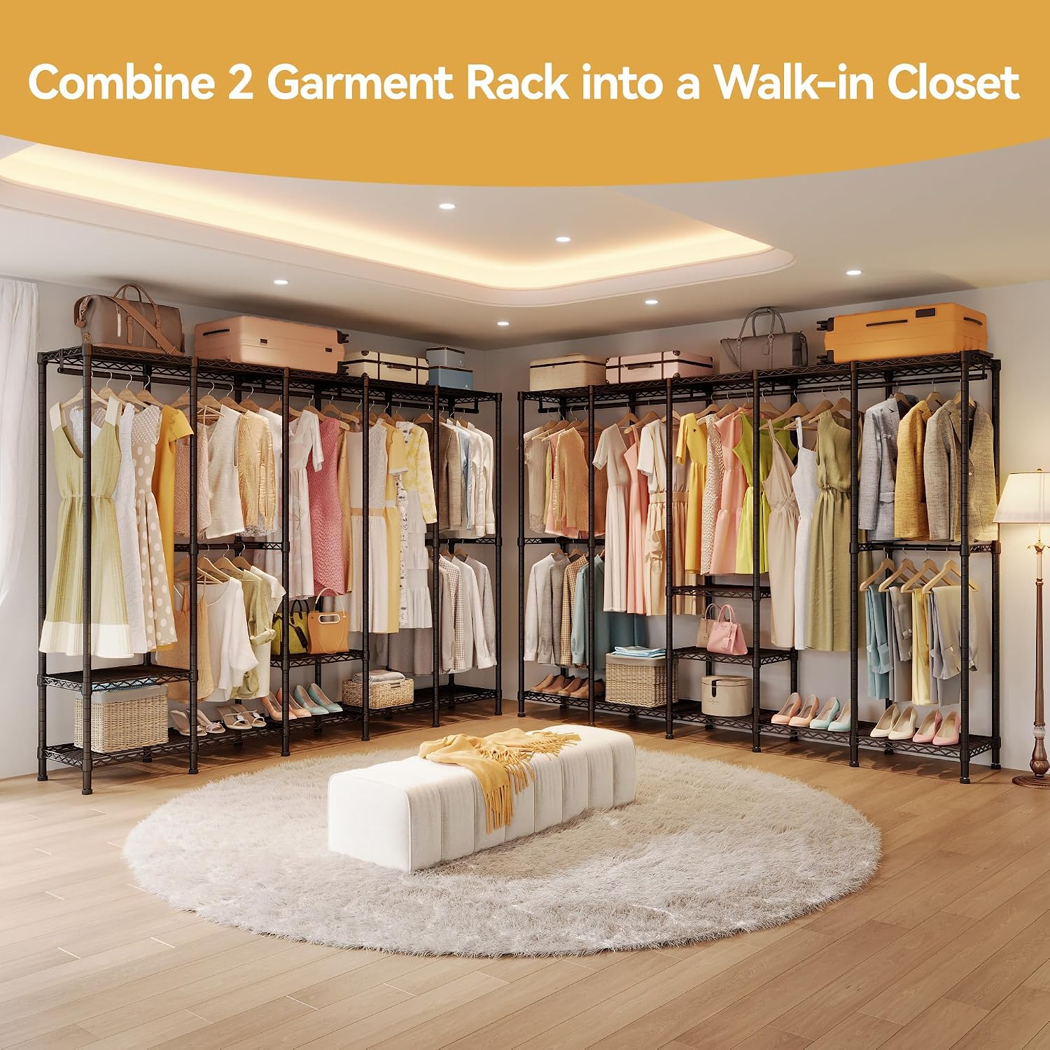 Higeego H5 Extra Large Wire Garment Rack, Heavy Duty Clothes Rack, Freestanding Clothing Rack for Hanging Clothes, Wardrobe Closet with Adjustable Shelf, 93.3' Wx15.7 Dx75.4 H, Black, Load 1400 lbs