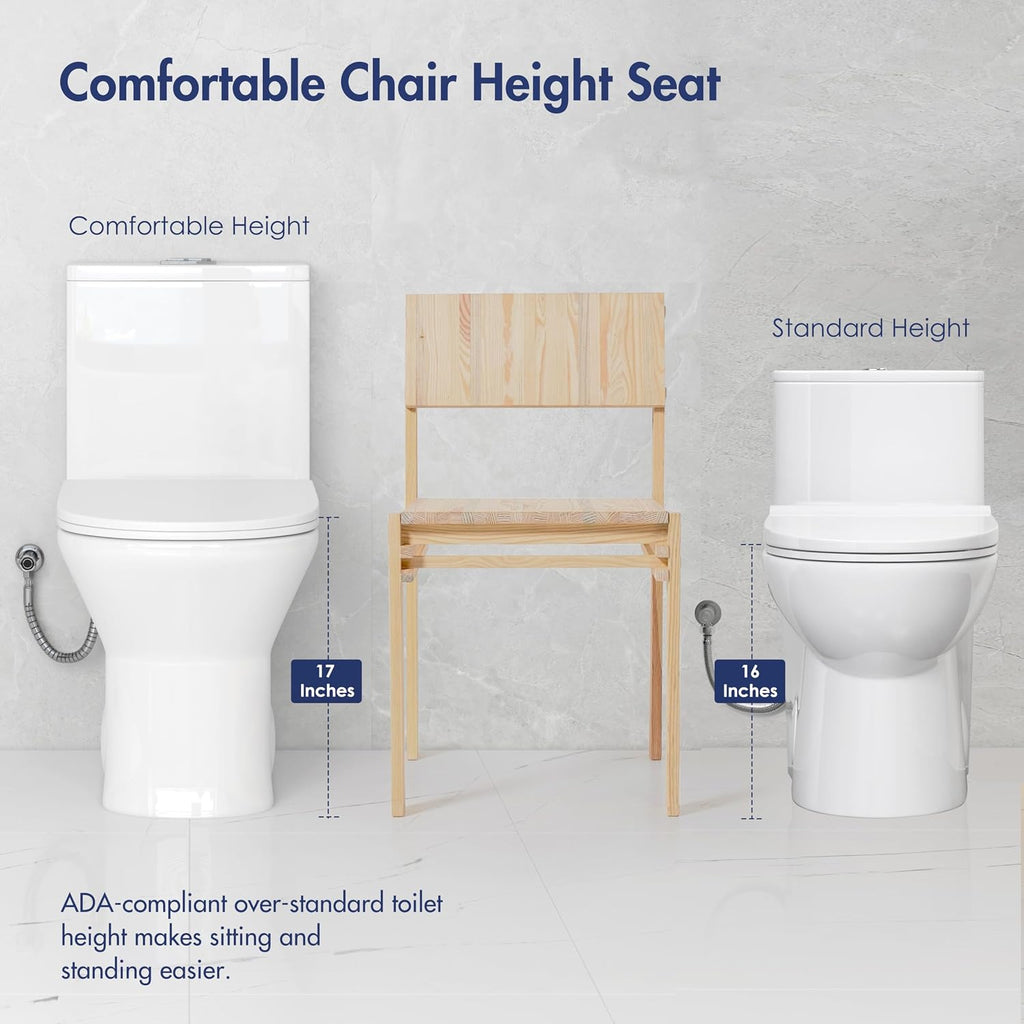 Eridanus Compact One Piece Toilet with Comfort Chair Seat ADA Height 17', Powerful Dual Flush Modern Toilet, 1.1/1.6 GPF, 12' Rough-In, Rimless Bowl with Soft Closing Seat, White