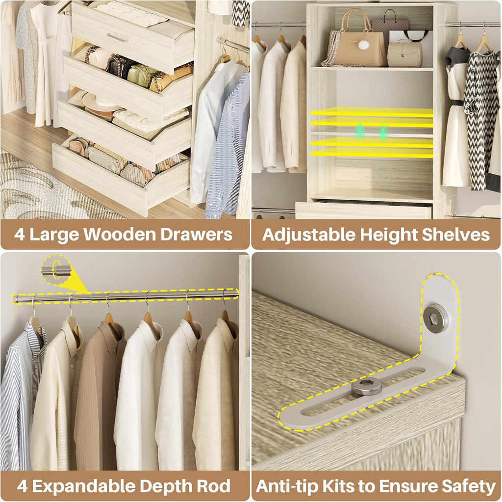 Aheaplus Closet System, 4-9Ft Closet Organizer with 4 Wooden Drawers, Wood Closet Organizer System with Tower, Walk-in Closet Organizer Wardrobe Garment Clothes Rack with 4 Hanging Rods, 2White Oak