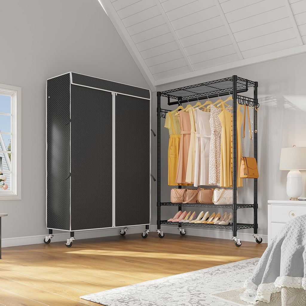 VIPEK R3C Rolling Clothes Rack With Cover Portable Closet for Hanging Clothes, Heavy Duty Garment Rack Freestanding With Wheels & Side Hooks, Black With Upgraded Polyester Cover